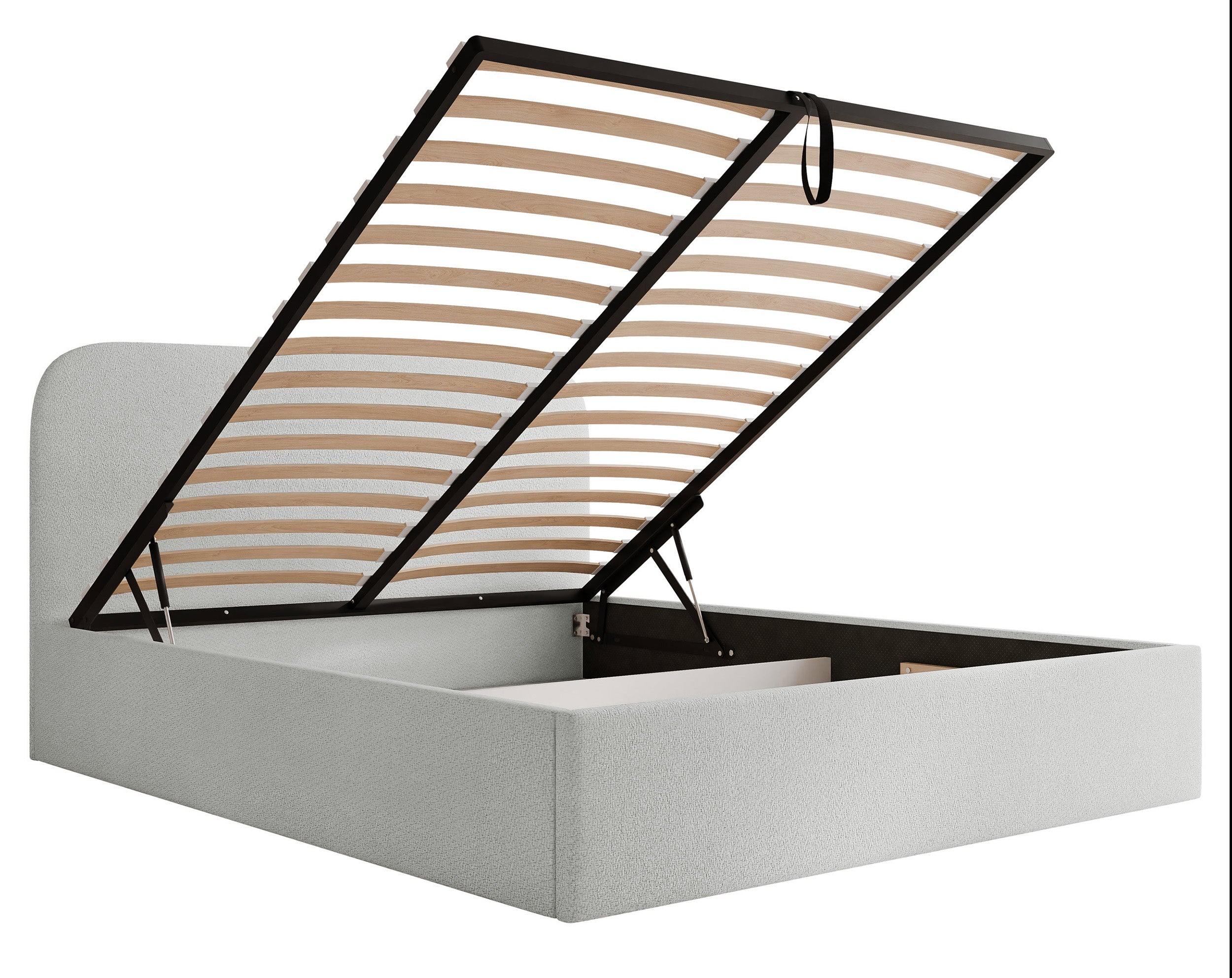 Gepolstertes Bett 160x200 cm Sonvivo mit Bettkasten, hellgrauer Chenille-Bezug, Metallrahmen