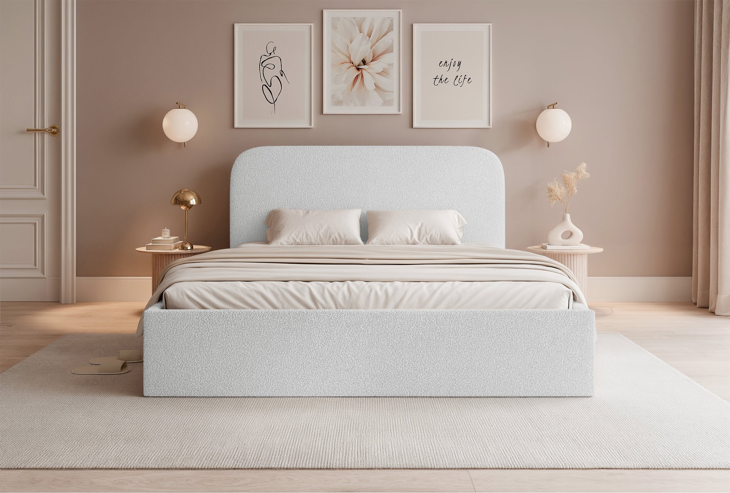Gepolstertes Bett 140x200 cm Sonvivo mit Bettkasten, weißes Bouclé, Metallrahmen