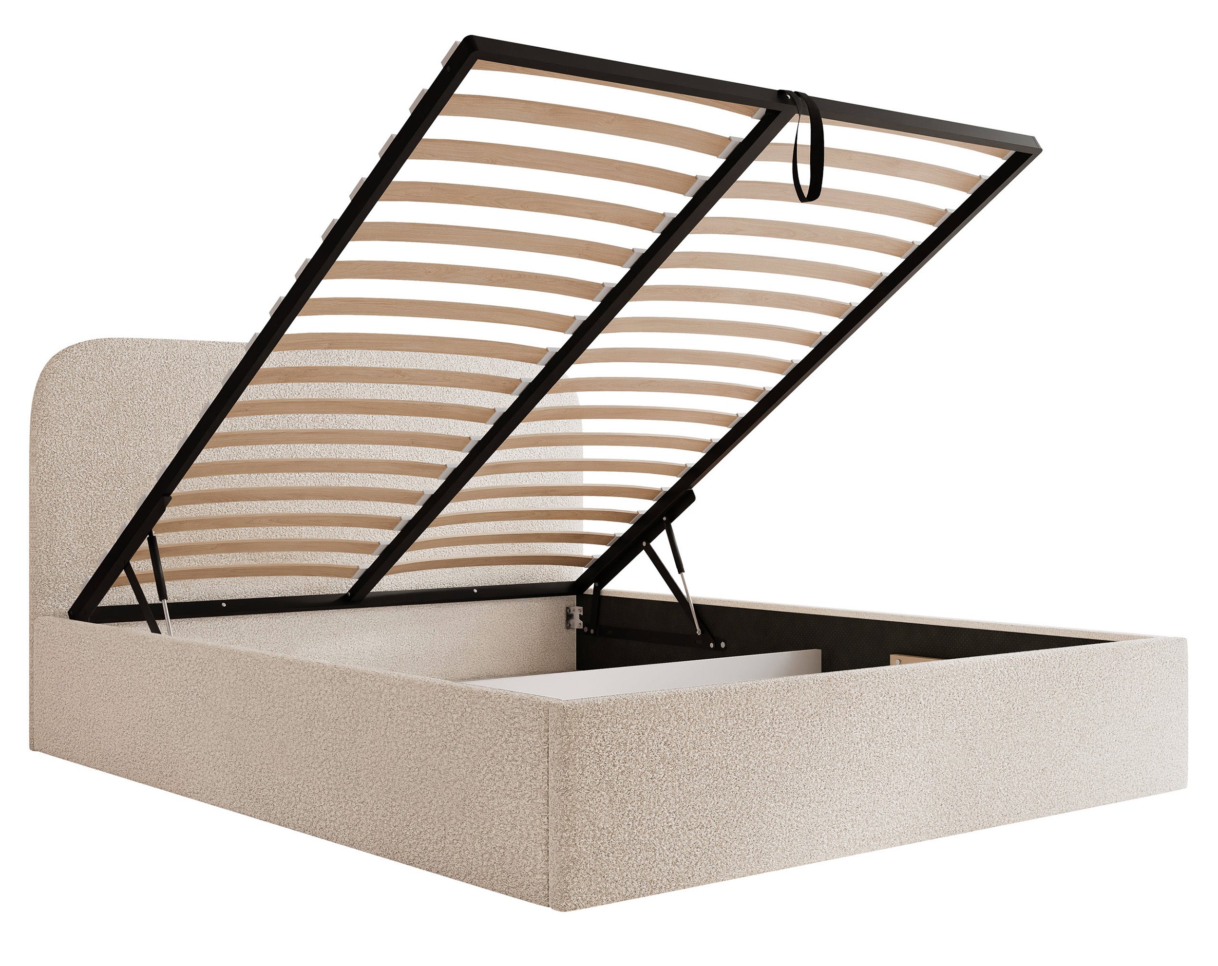 Polsterbett 160x200 cm Sonvivo mit Bettkasten, cremefarbenes Bouclé, Metallrahmen