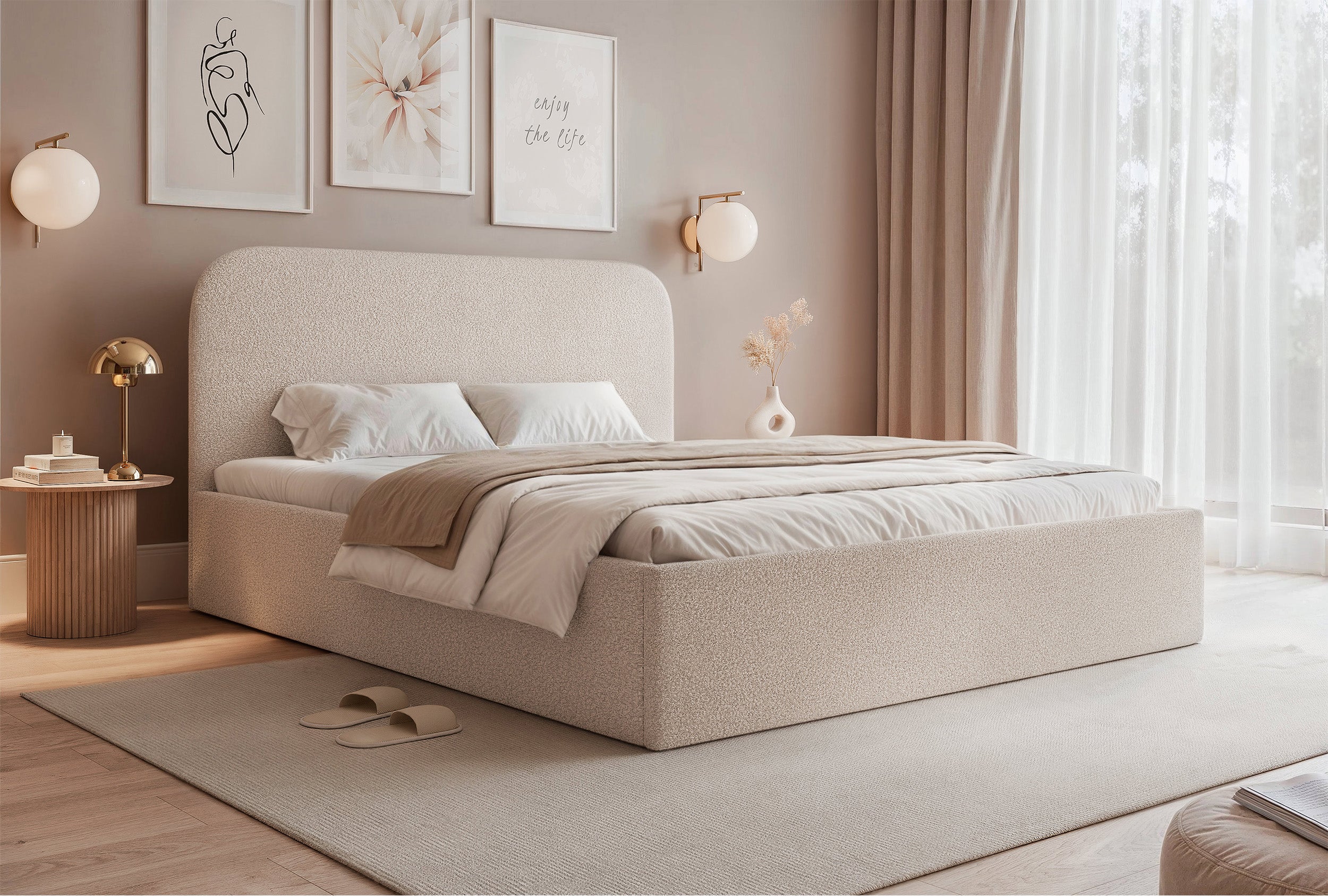 Gepolstertes Bett 140x200 cm Sonvivo mit Bettkasten, grau-beiger Bouclé-Stoff, Metallrahmen