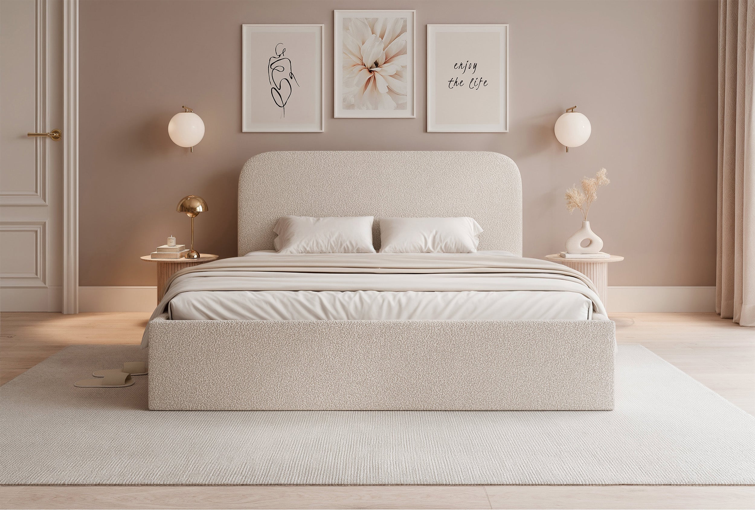 Gepolstertes Bett 140x200 cm Sonvivo mit Bettkasten, grau-beiger Bouclé-Stoff, Metallrahmen