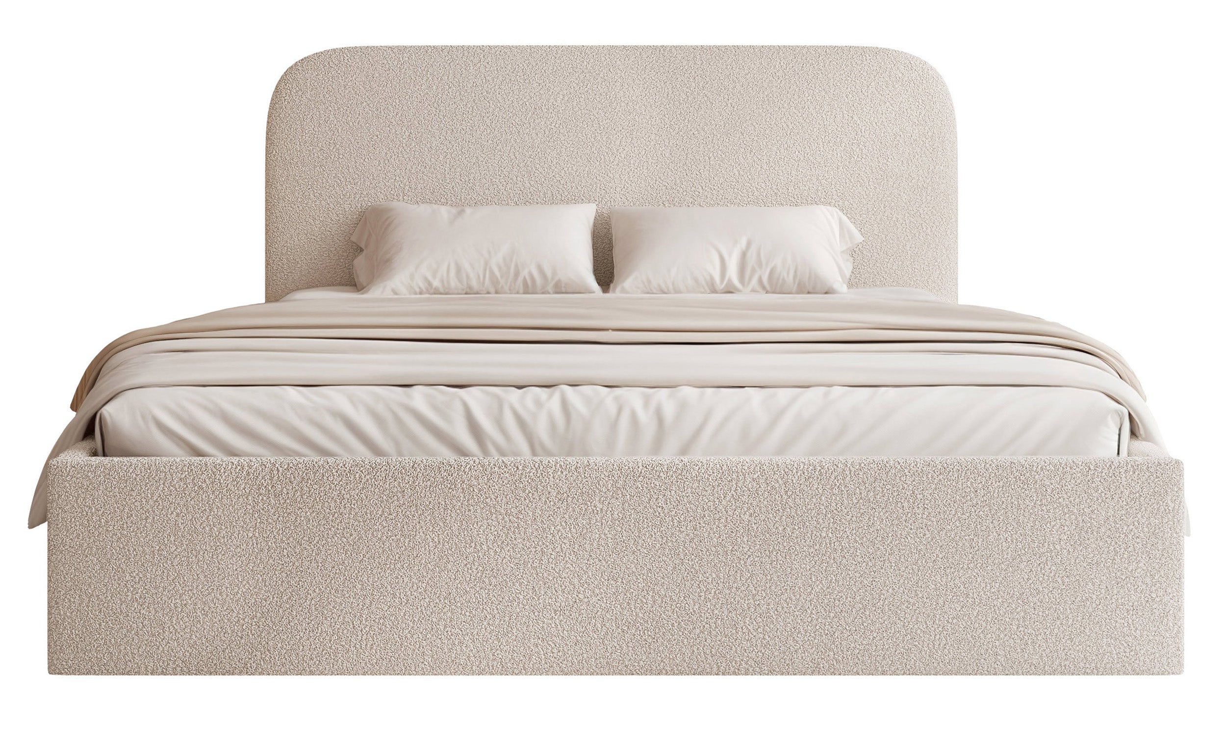 Gepolstertes Bett 160x200 cm Sonvivo mit Bettkasten, grau-beige Bouclé, Metallrahmen