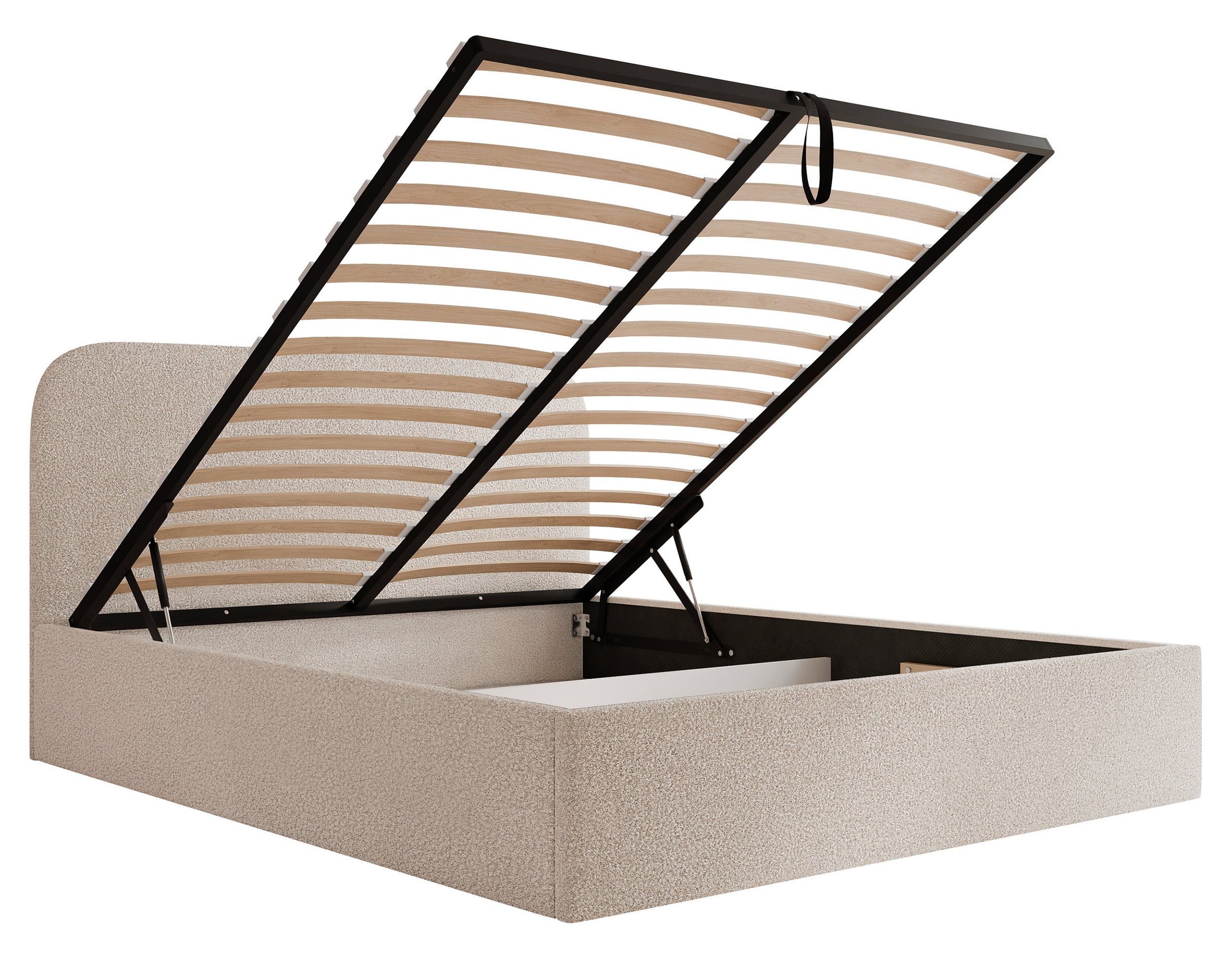 Gepolstertes Bett 140x200 cm Sonvivo mit Bettkasten, grau-beiger Bouclé-Stoff, Metallrahmen