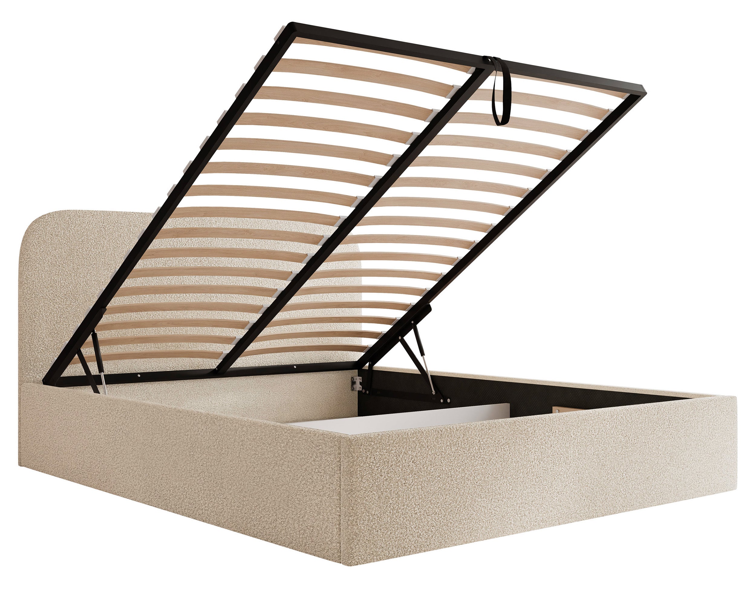 Polsterbett 180x200 cm Sonvivo mit Bettkasten, hellbeige Bouclé, Metallrahmen