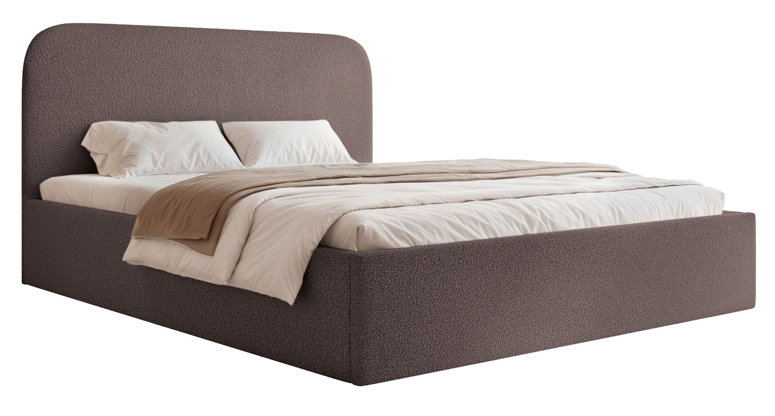 Polsterbett 180x200 cm Sonvivo mit Bettkasten, braunes Bouclé, Metallrahmen