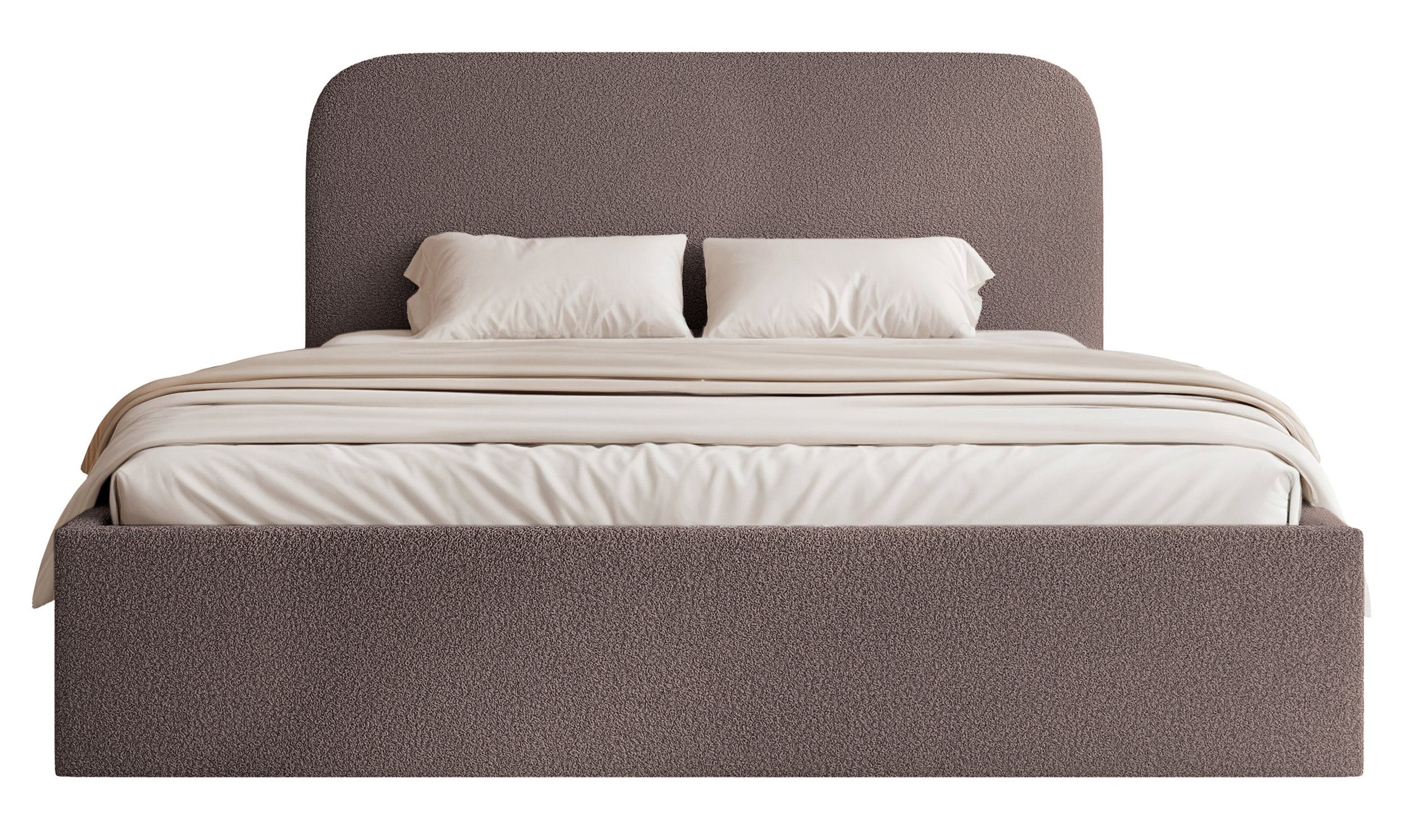Polsterbett 160x200 cm Sonvivo mit Bettkasten, braunes Bouclé, Metallrahmen