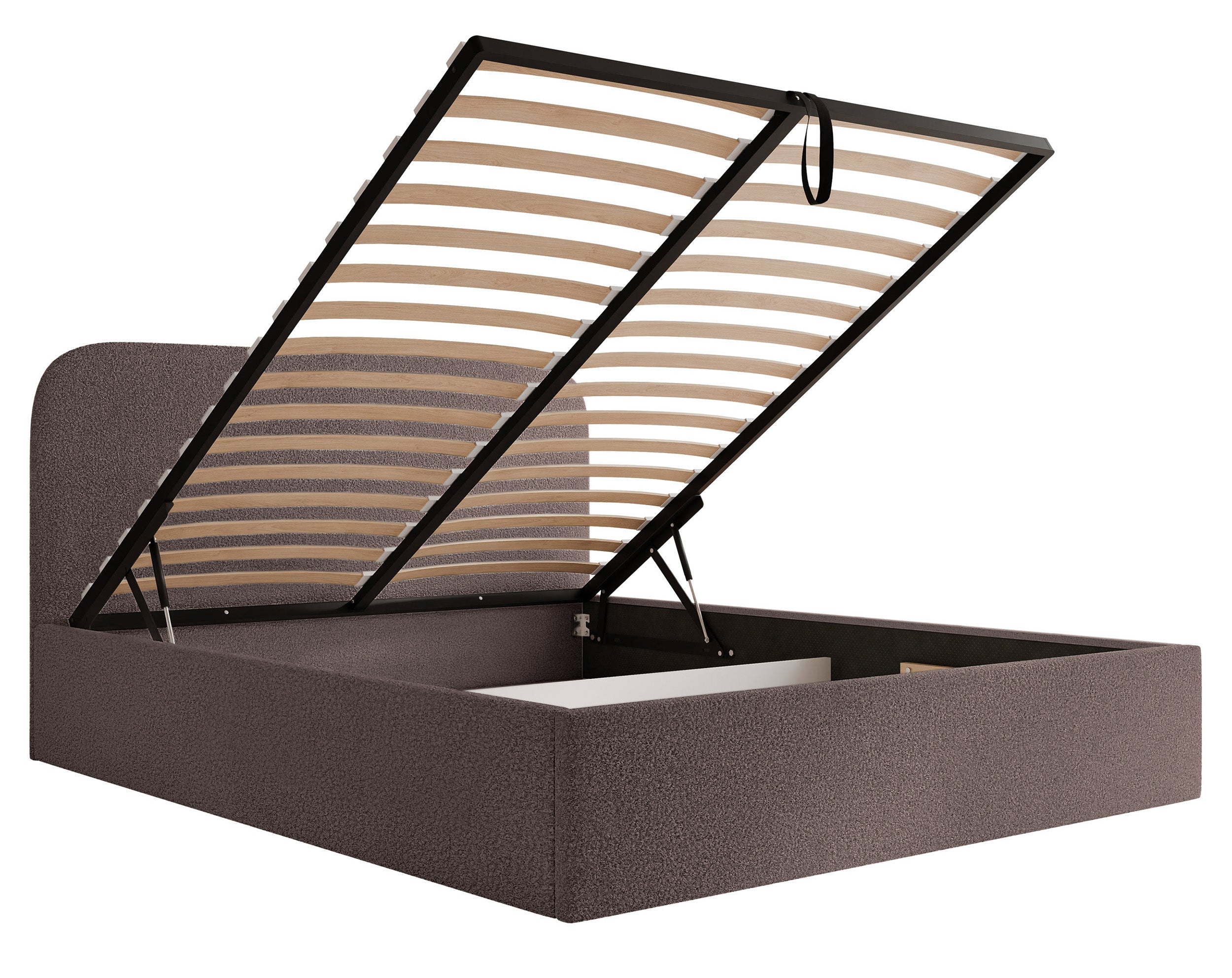 Polsterbett 160x200 cm Sonvivo mit Bettkasten, braunes Bouclé, Metallrahmen