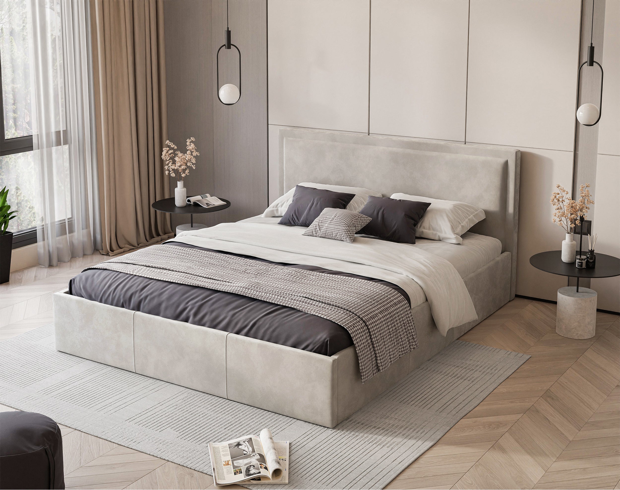 Polsterbett 160x200 cm Soave mit Stauraum und Metallrahmen, hellbeiger Samt