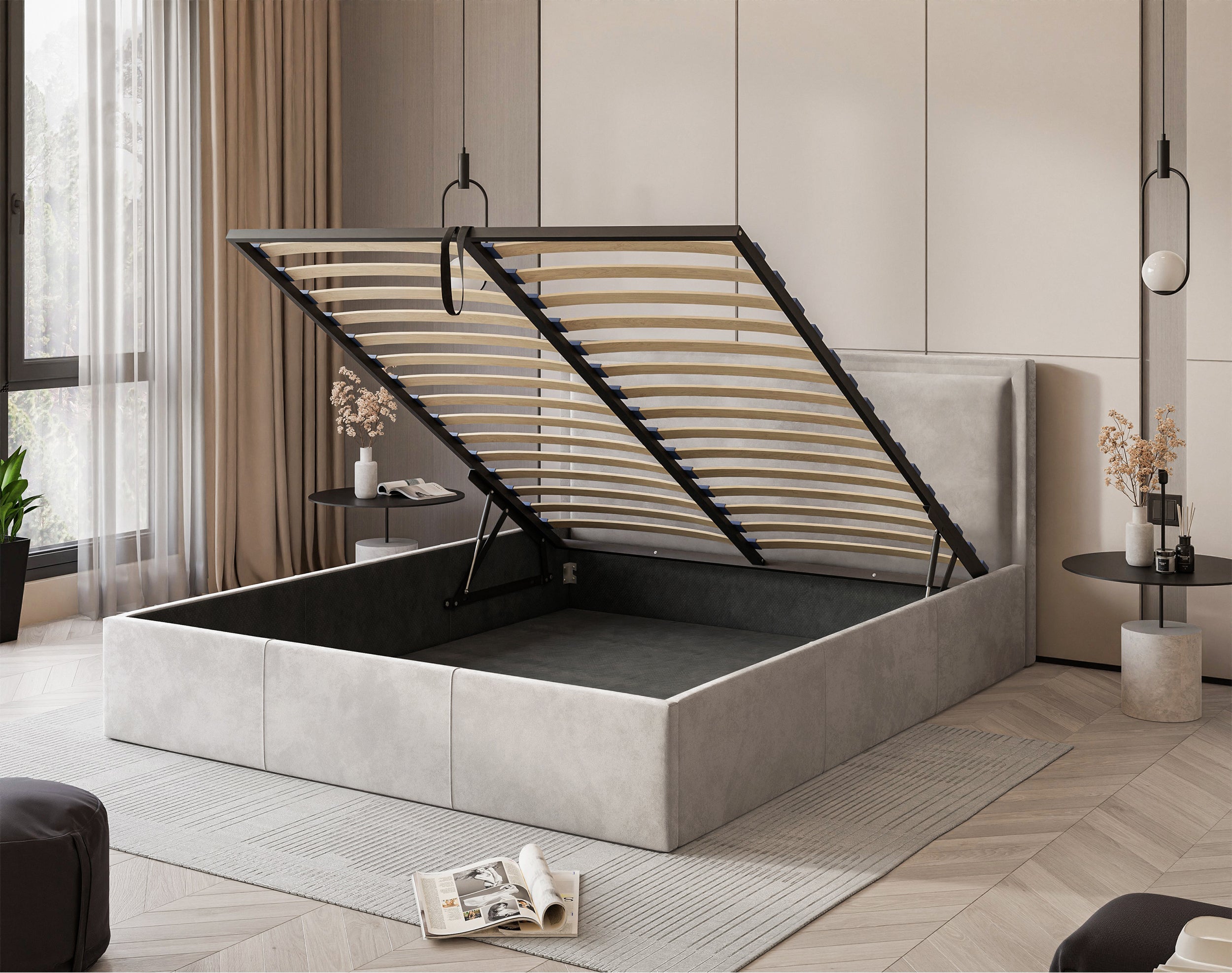 Polsterbett 160x200 cm Soave mit Stauraum und Metallrahmen, hellbeiger Samt