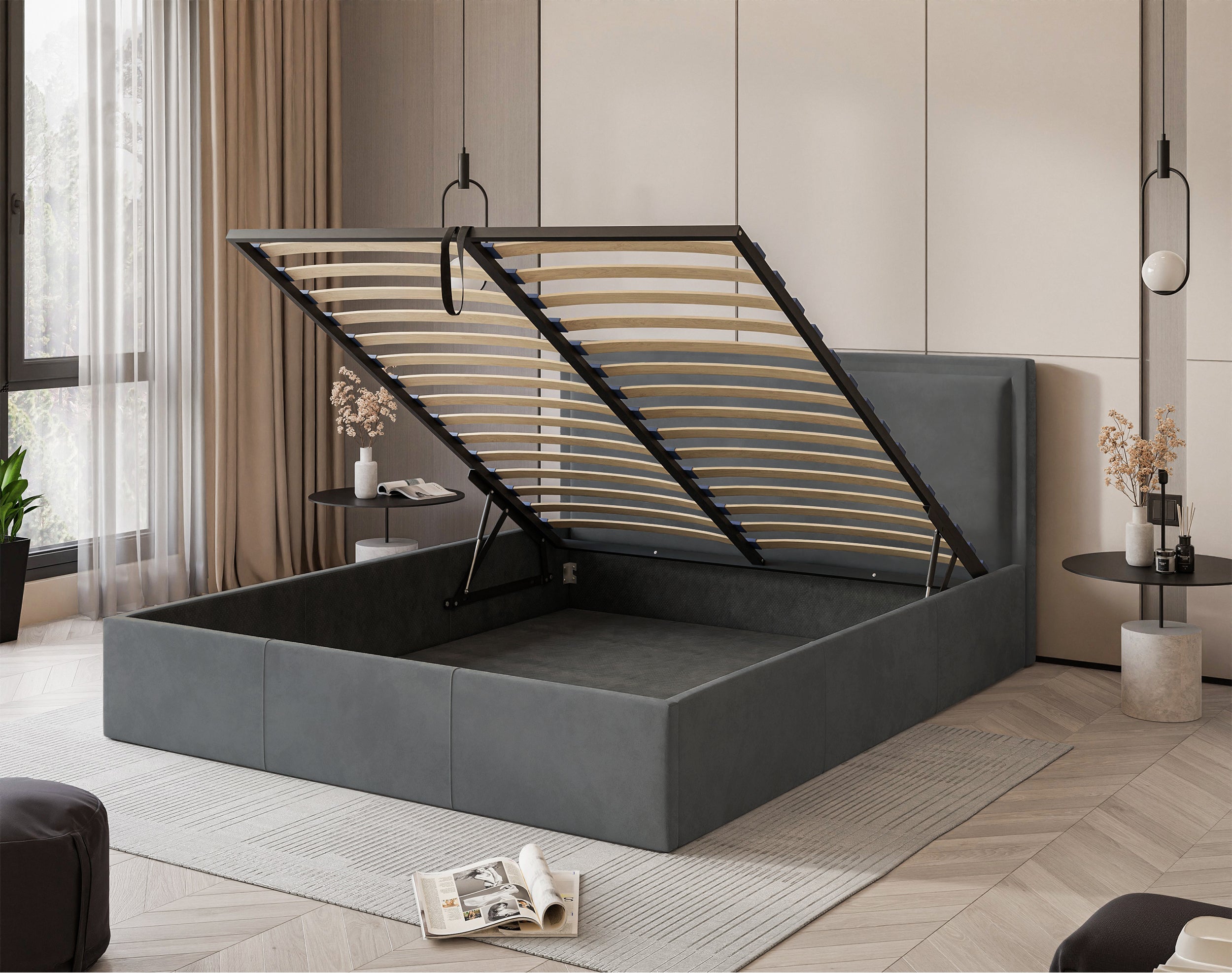 Polsterbett 140x200 cm Soave mit Stauraum und Metallrahmen, Stahlvelours