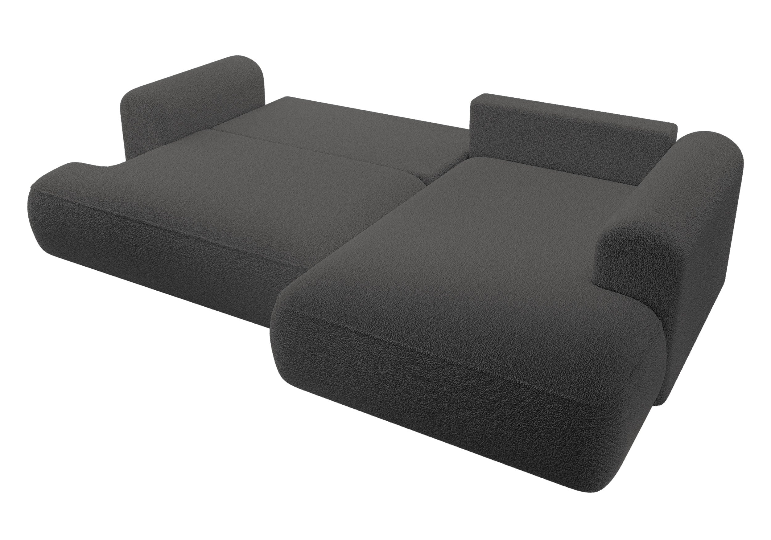 Ecksofa mit Schlaffunktion Ovo, L-förmig, mit Armlehne und Stauraum, dunkelgrauer Bouclé, rechtsseitig