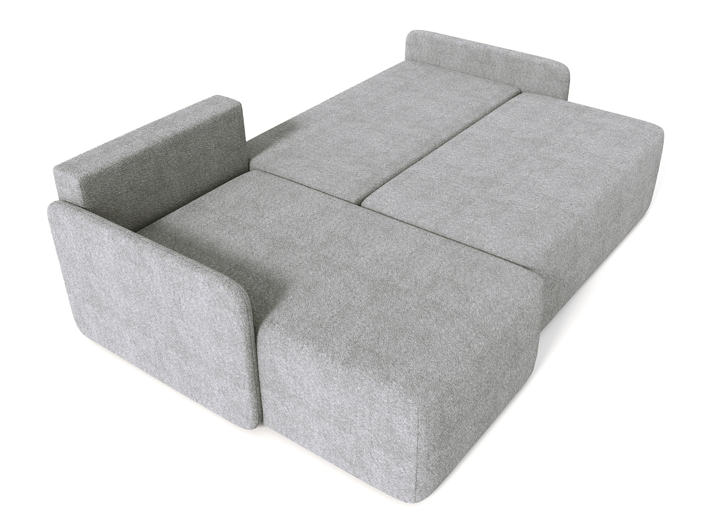 Ecksofa mit Schlaffunktion Bloom, L-förmig, mit Stauraum, grauer Bouclé, universell einsetzbar