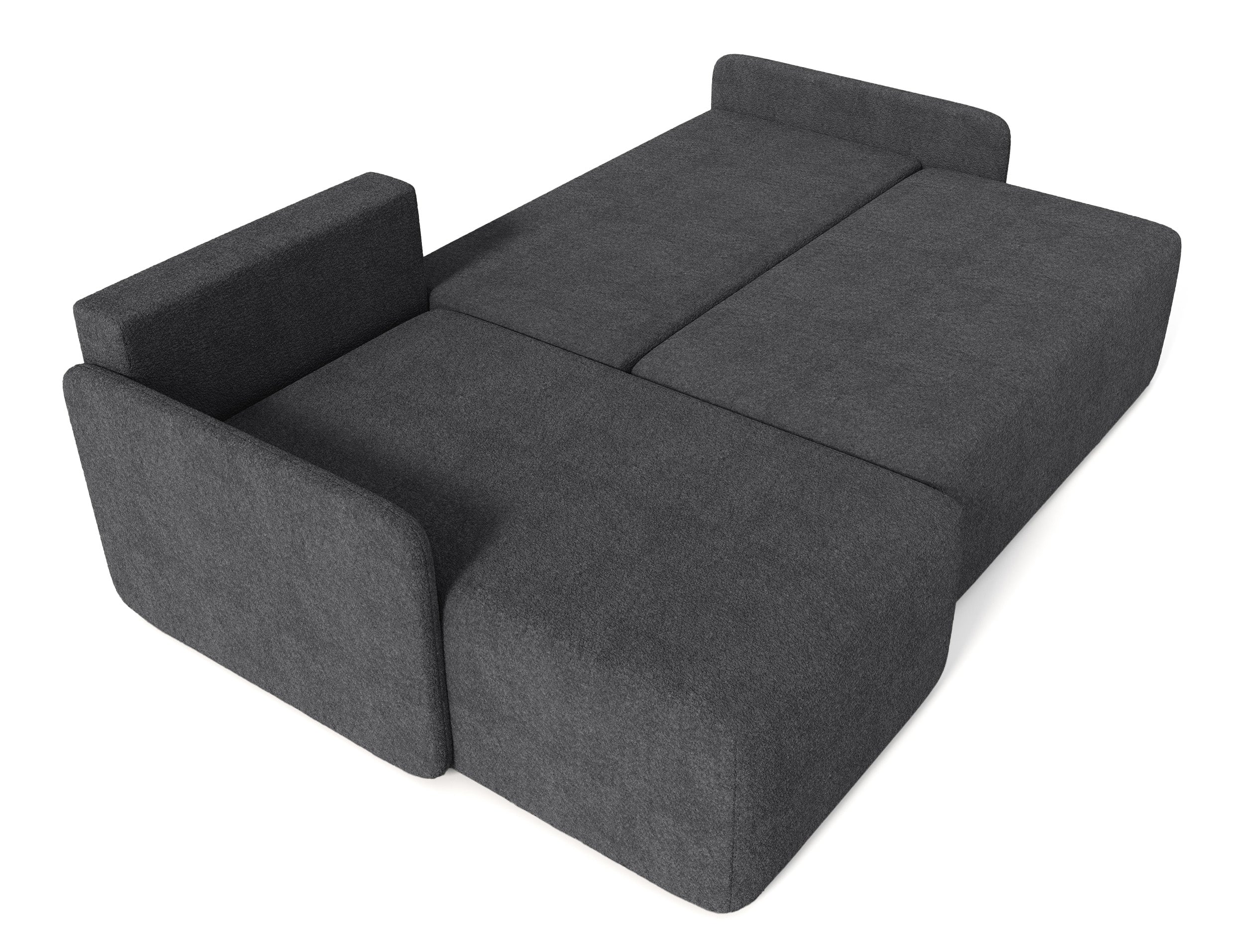 Ecksofa mit Schlaffunktion Bloom, L-förmig, mit Stauraum, grafitfarbenes Bouclé, universell einsetzbar