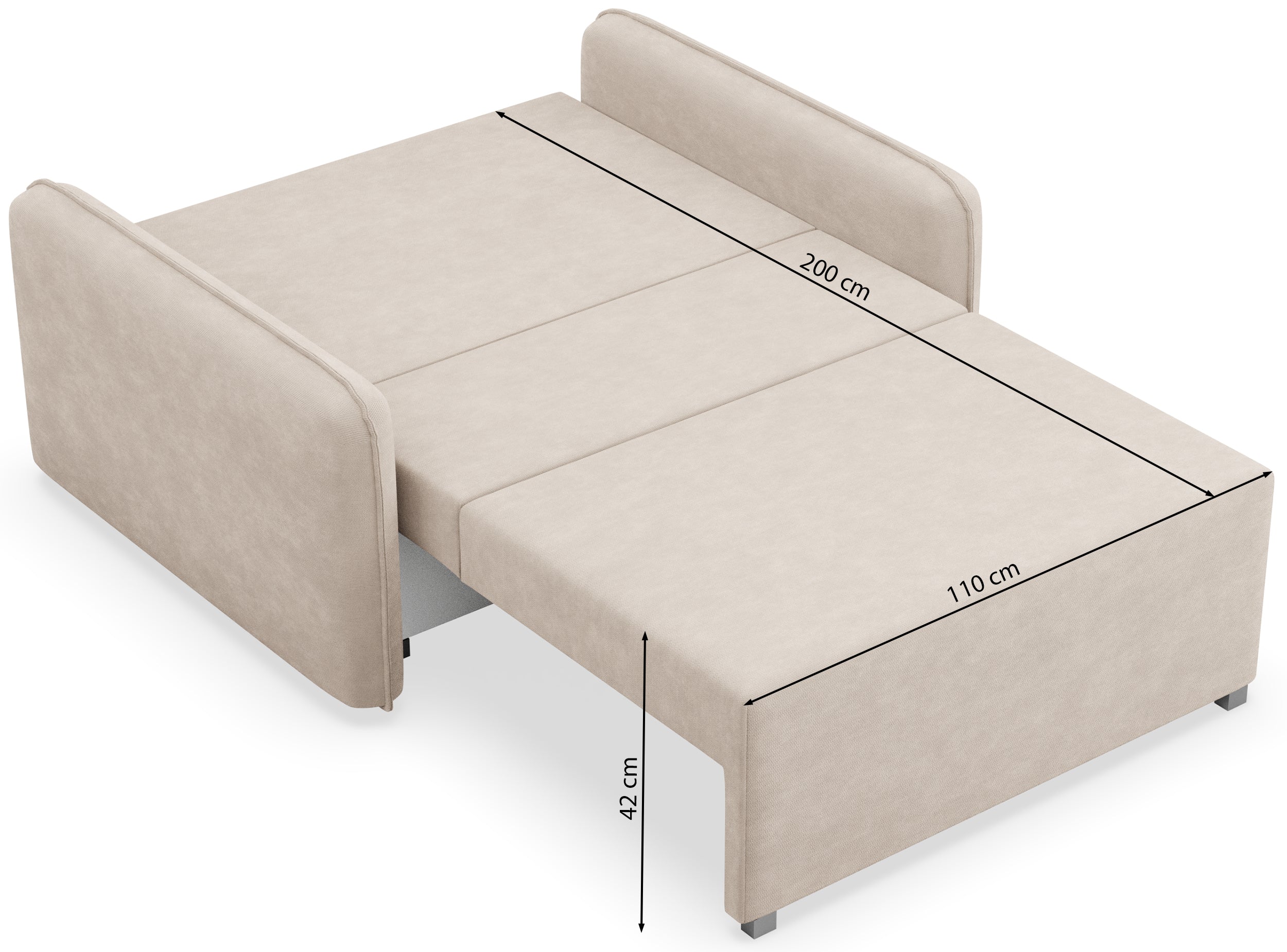 Zweisitziges ausklappbares Sofa Duelia mit Aufbewahrungsfach, hellbeiger hydrophober Chenillestoff