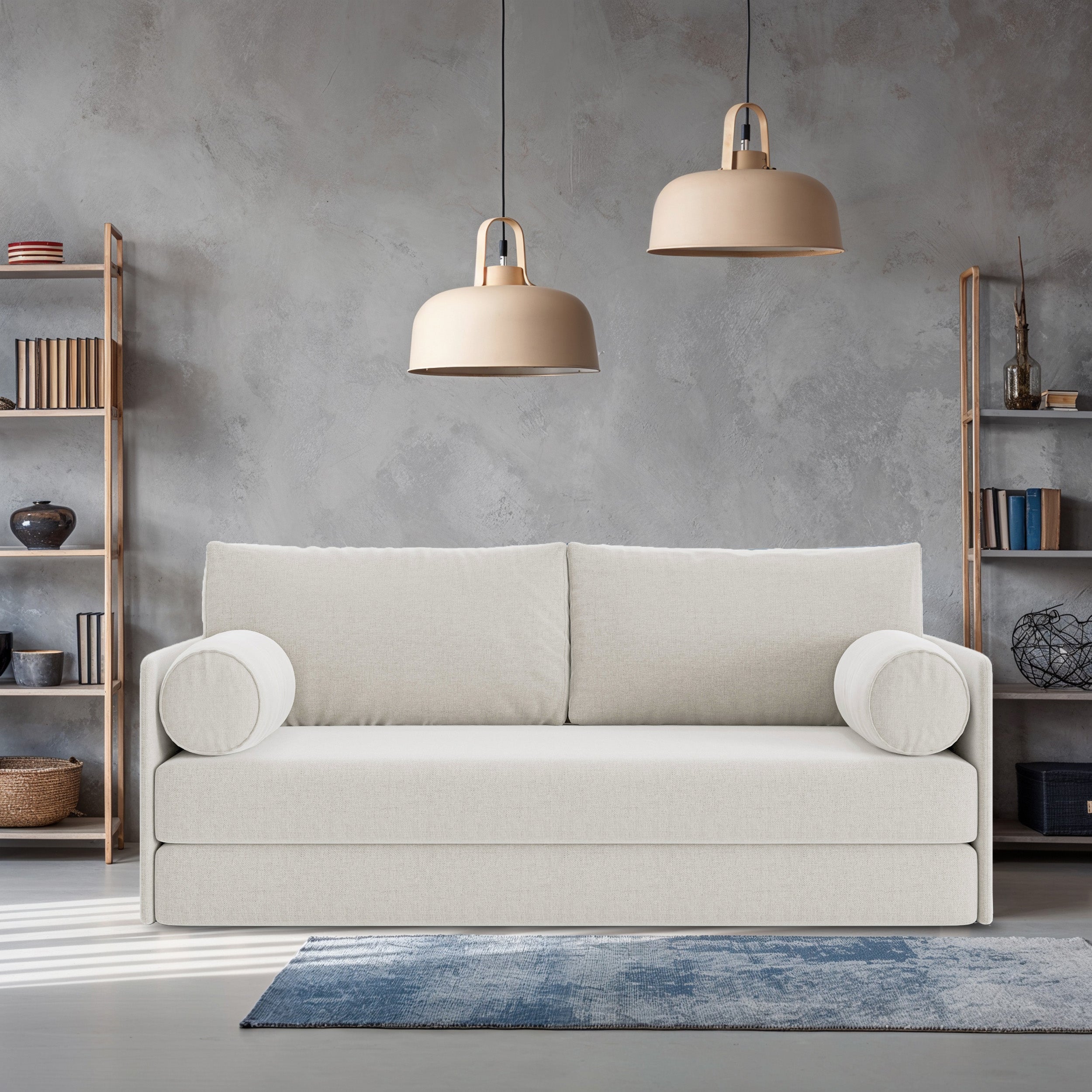 Dreisitziges ausklappbares Sofa Estano in Creme mit Flechtmuster