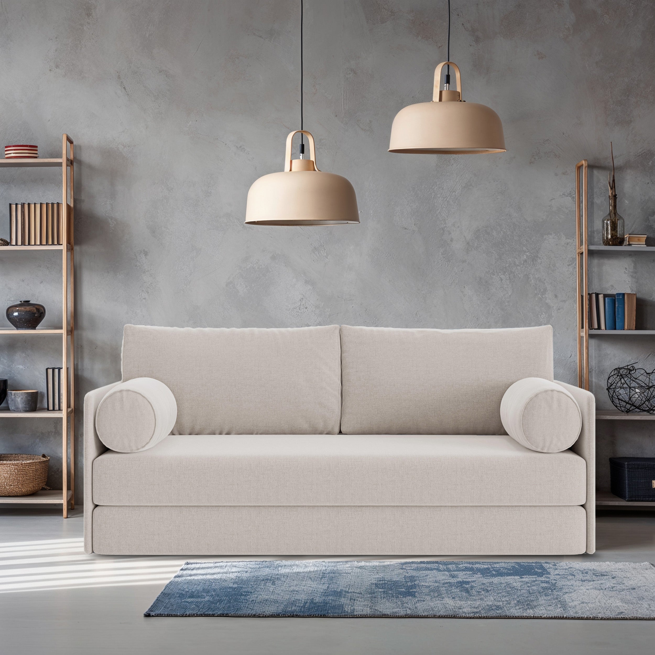 Dreisitziges ausklappbares Sofa Estano in hellem Beige, Geflecht