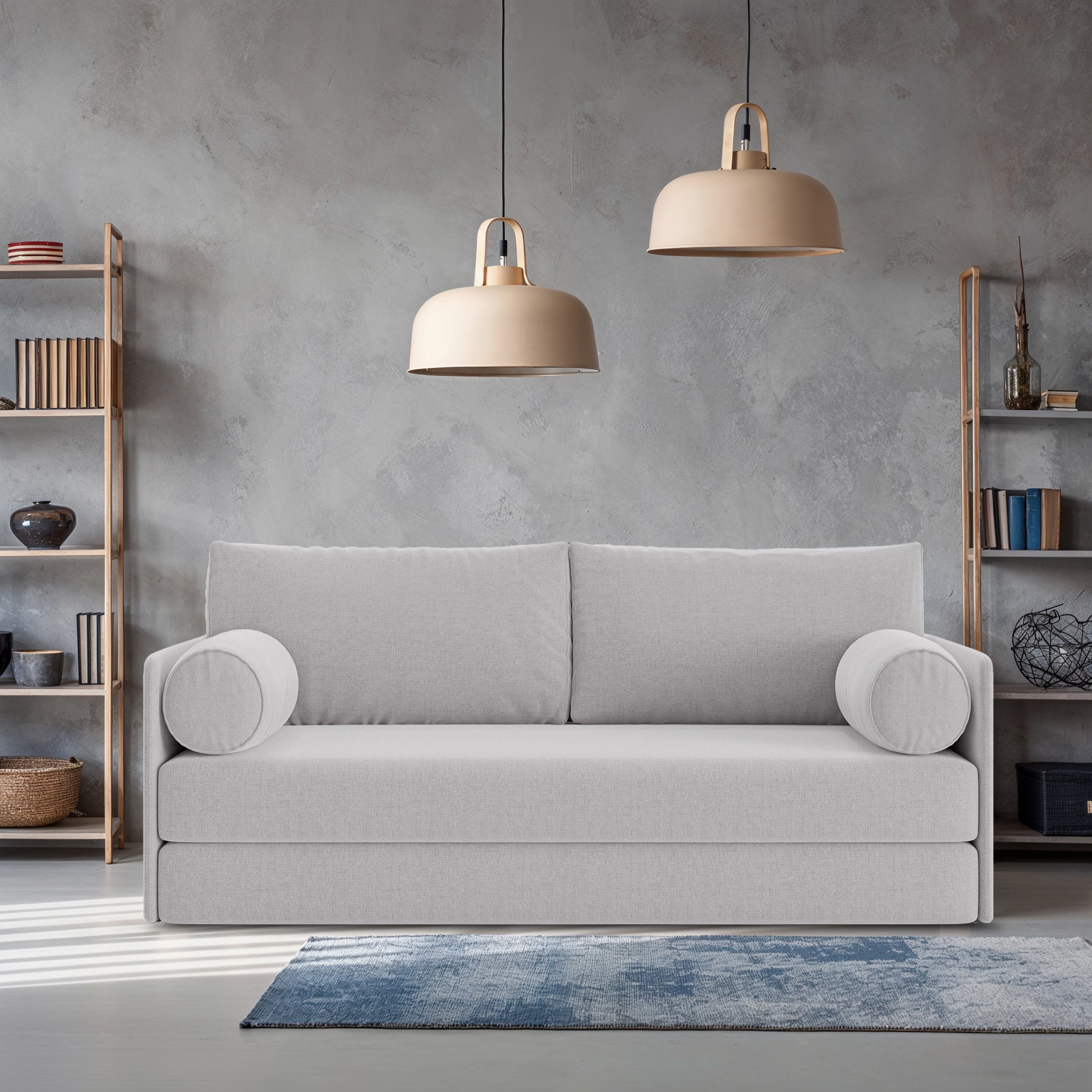 Dreisitziges ausklappbares Sofa Estano in hellgrauem Flechtmuster