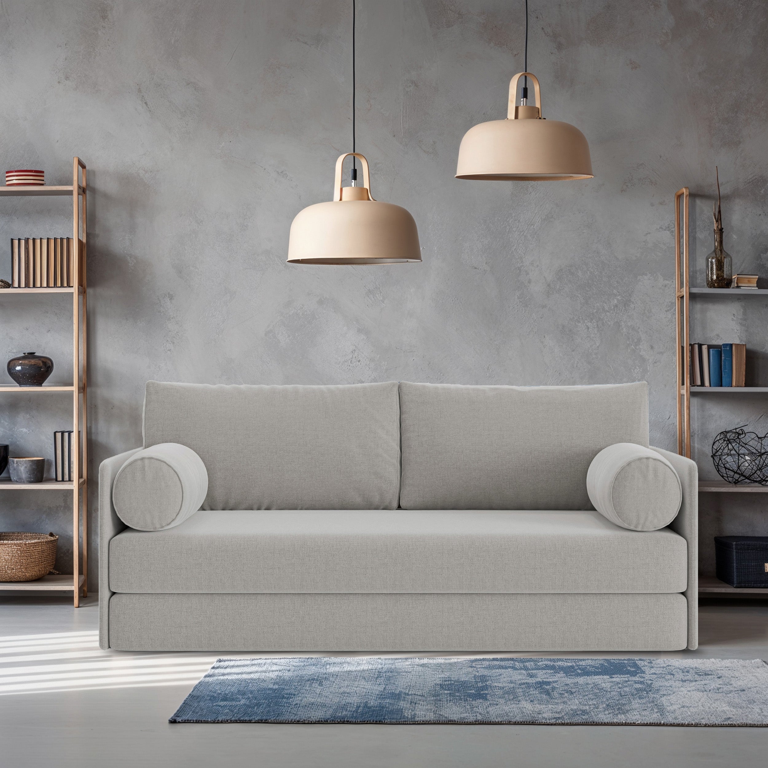 Dreisitziges ausklappbares Sofa Estano in grau-beigem Flechtmuster