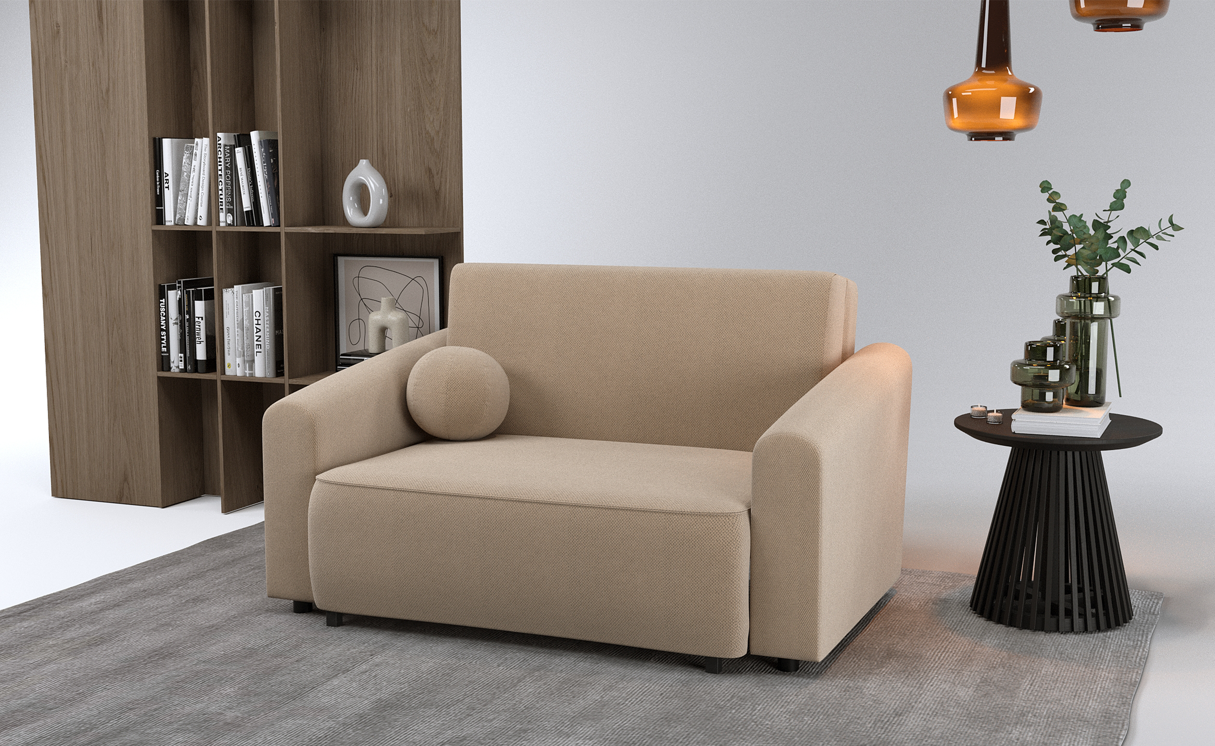 Zweisitziges ausklappbares Sofa Stevio 150 cm mit Stauraum, beige, hydrophobes Chenille