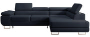 Ecksofa mit Schlaffunktion Stevil, L-förmig, mit Stauraum, marineblauer, pflegeleichter Samt, rechtsseitig