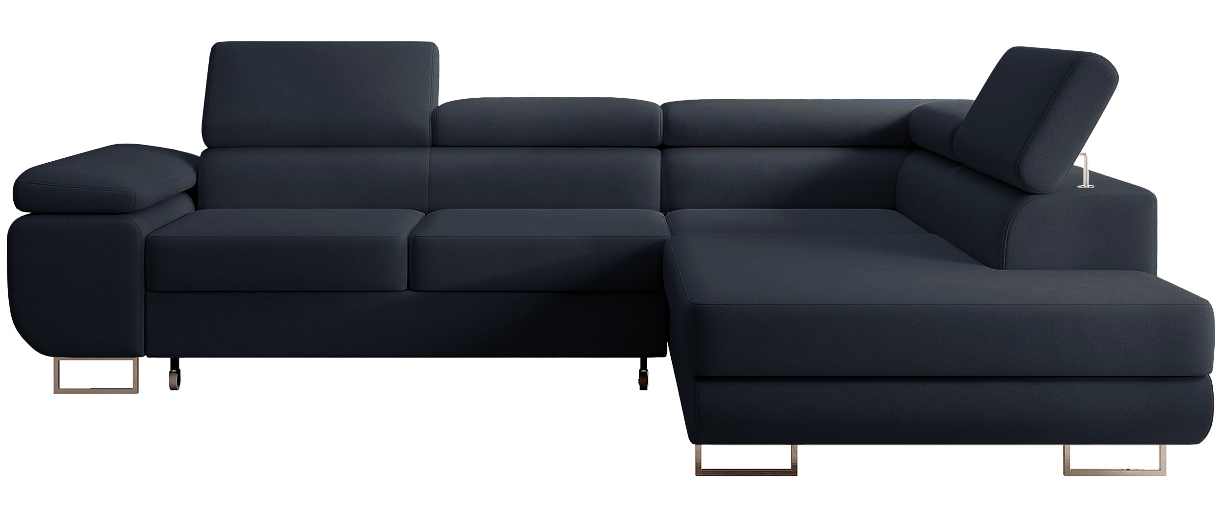 Ecksofa mit Schlaffunktion Stevil, L-förmig, mit Stauraum, marineblauer, pflegeleichter Samt, rechtsseitig