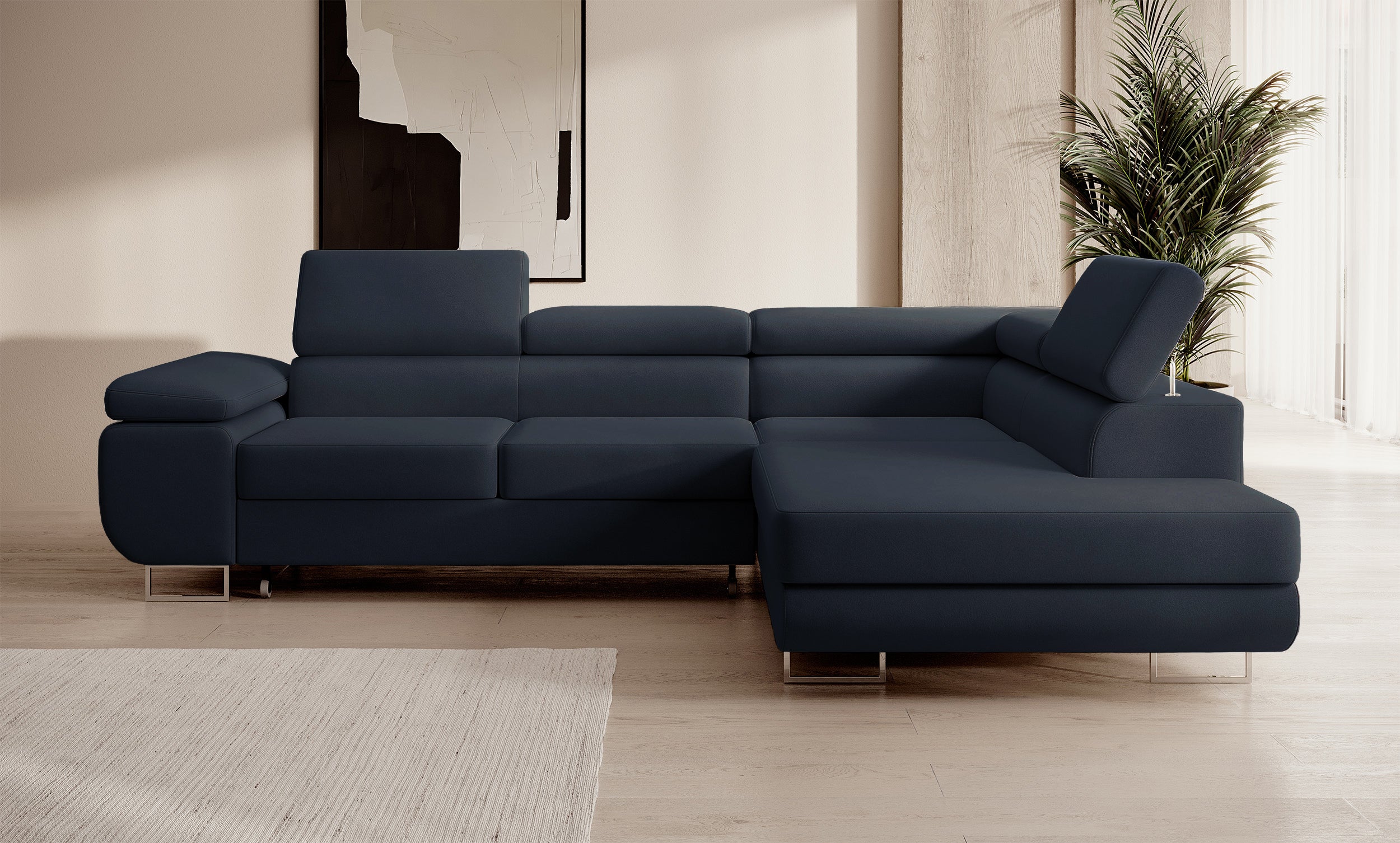 Ecksofa mit Schlaffunktion Stevil, L-förmig, mit Stauraum, marineblauer, pflegeleichter Samt, rechtsseitig