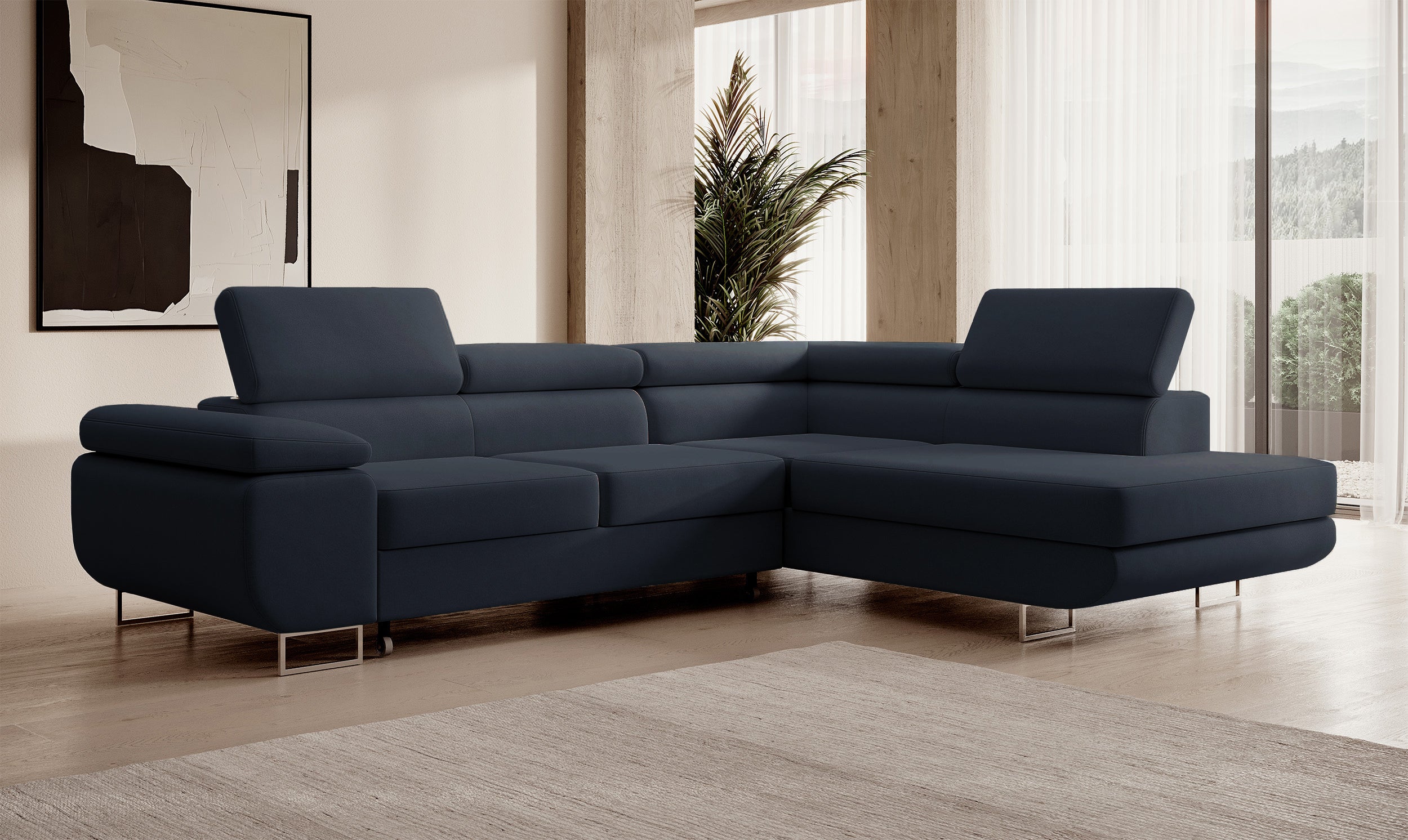 Ecksofa mit Schlaffunktion Stevil, L-förmig, mit Stauraum, marineblauer, pflegeleichter Samt, rechtsseitig