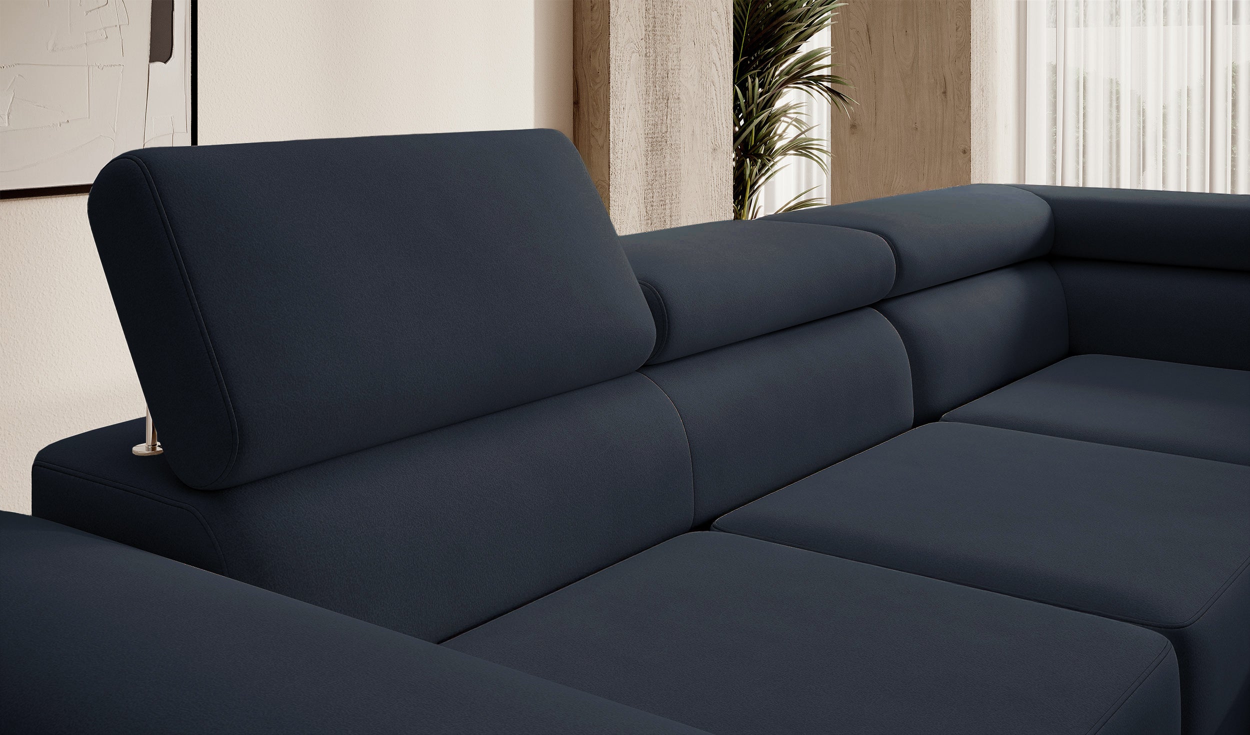 Ecksofa mit Schlaffunktion Stevil, L-förmig, mit Stauraum, marineblauer, pflegeleichter Samt, rechtsseitig