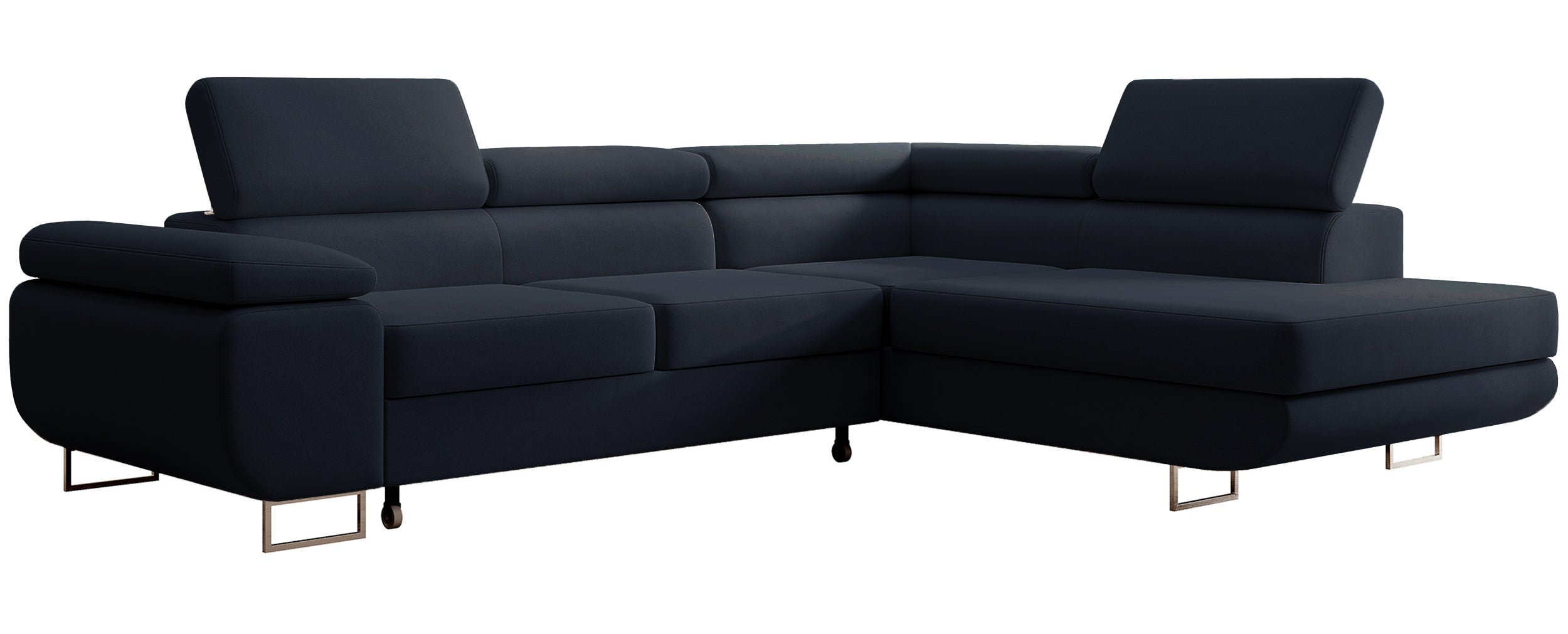 Ecksofa mit Schlaffunktion Stevil, L-förmig, mit Stauraum, marineblauer, pflegeleichter Samt, rechtsseitig