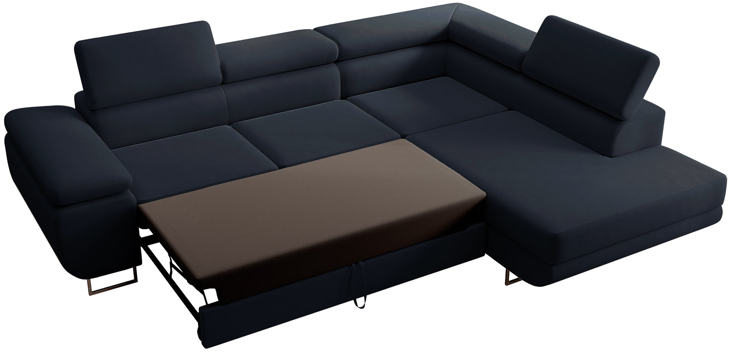 Ecksofa mit Schlaffunktion Stevil, L-förmig, mit Stauraum, marineblauer, pflegeleichter Samt, rechtsseitig