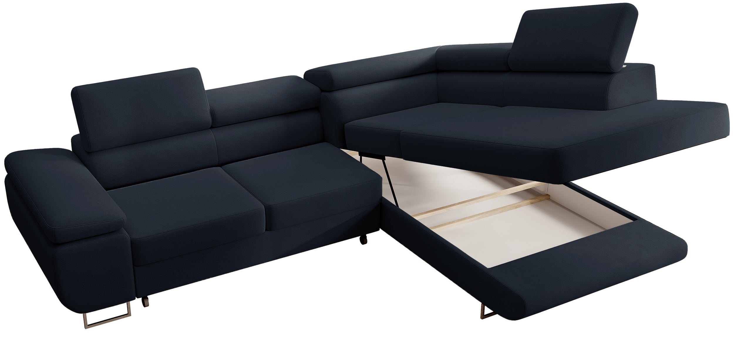 Ecksofa mit Schlaffunktion Stevil, L-förmig, mit Stauraum, marineblauer, pflegeleichter Samt, rechtsseitig