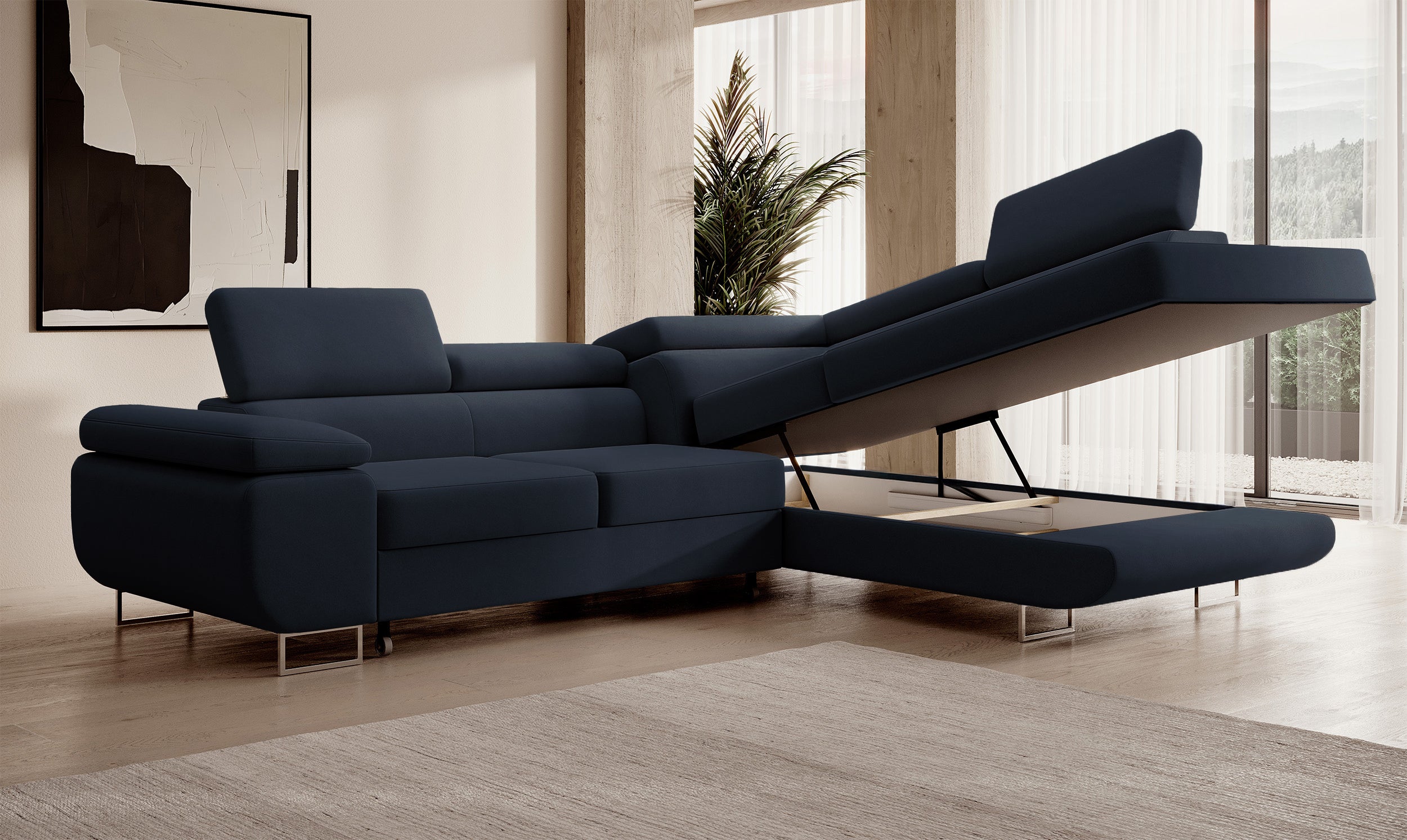 Ecksofa mit Schlaffunktion Stevil, L-förmig, mit Stauraum, marineblauer, pflegeleichter Samt, rechtsseitig