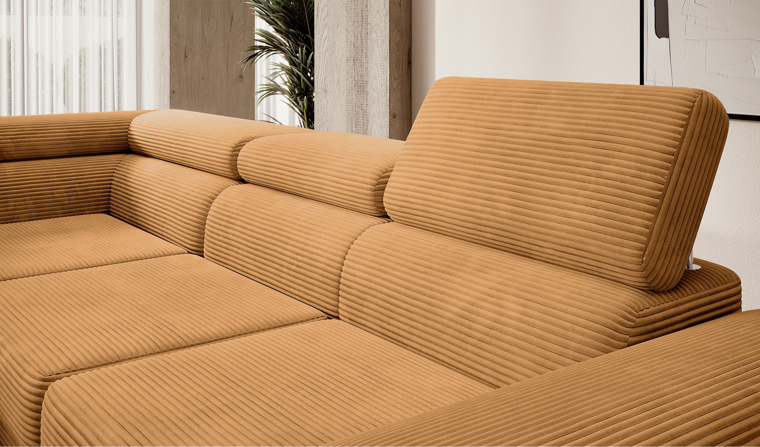 Ecksofa mit Schlafunktion Stevil, L-förmig, mit Stauraum, senfgelber Cordstoff, linksseitig
