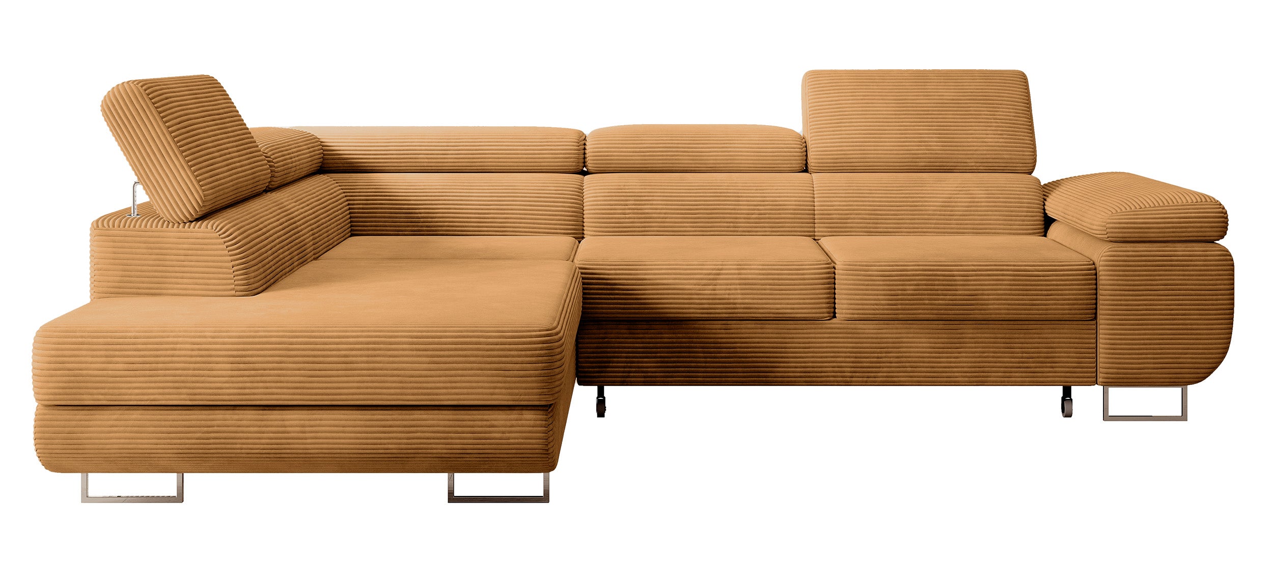 Ecksofa mit Schlafunktion Stevil, L-förmig, mit Stauraum, senfgelber Cordstoff, linksseitig