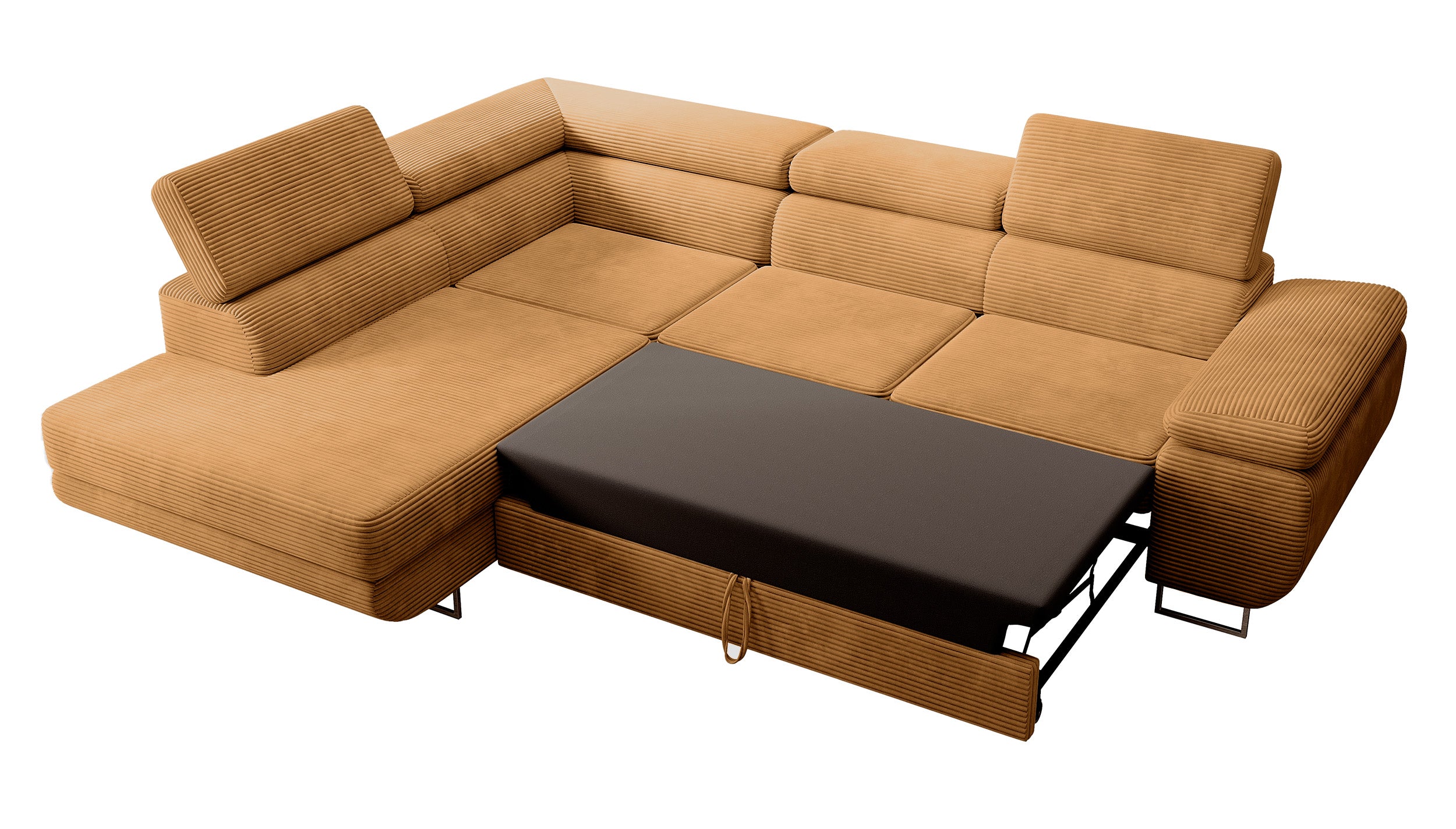 Ecksofa mit Schlafunktion Stevil, L-förmig, mit Stauraum, senfgelber Cordstoff, linksseitig