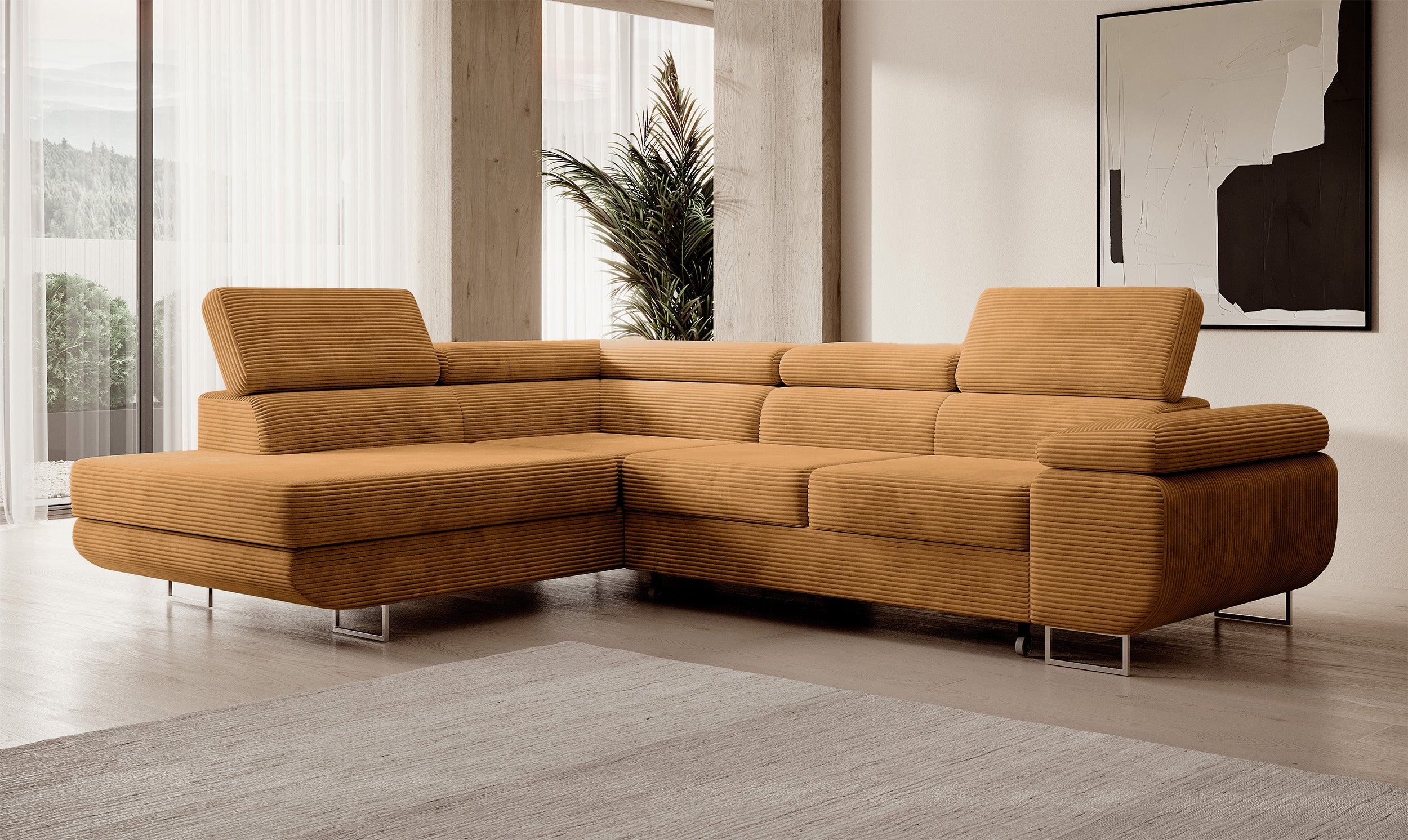 Ecksofa mit Schlafunktion Stevil, L-förmig, mit Stauraum, senfgelber Cordstoff, linksseitig