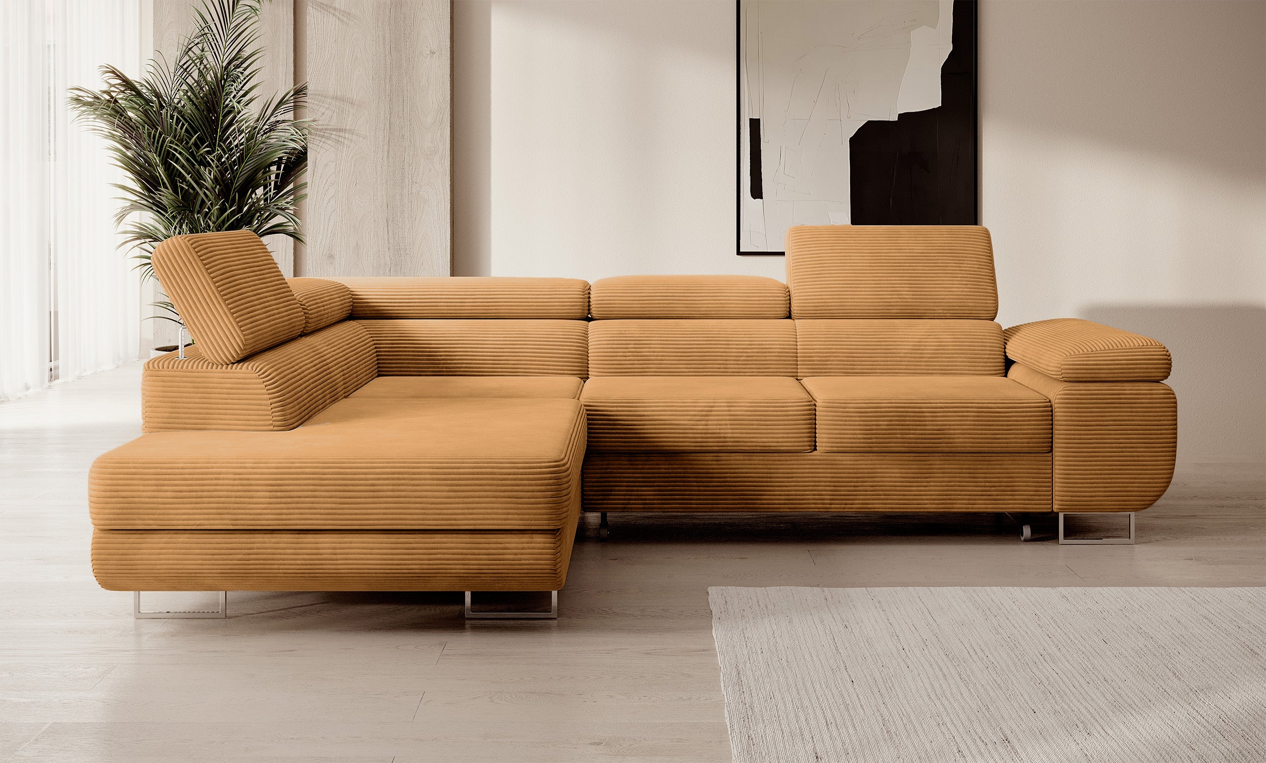 Ecksofa mit Schlafunktion Stevil, L-förmig, mit Stauraum, senfgelber Cordstoff, linksseitig