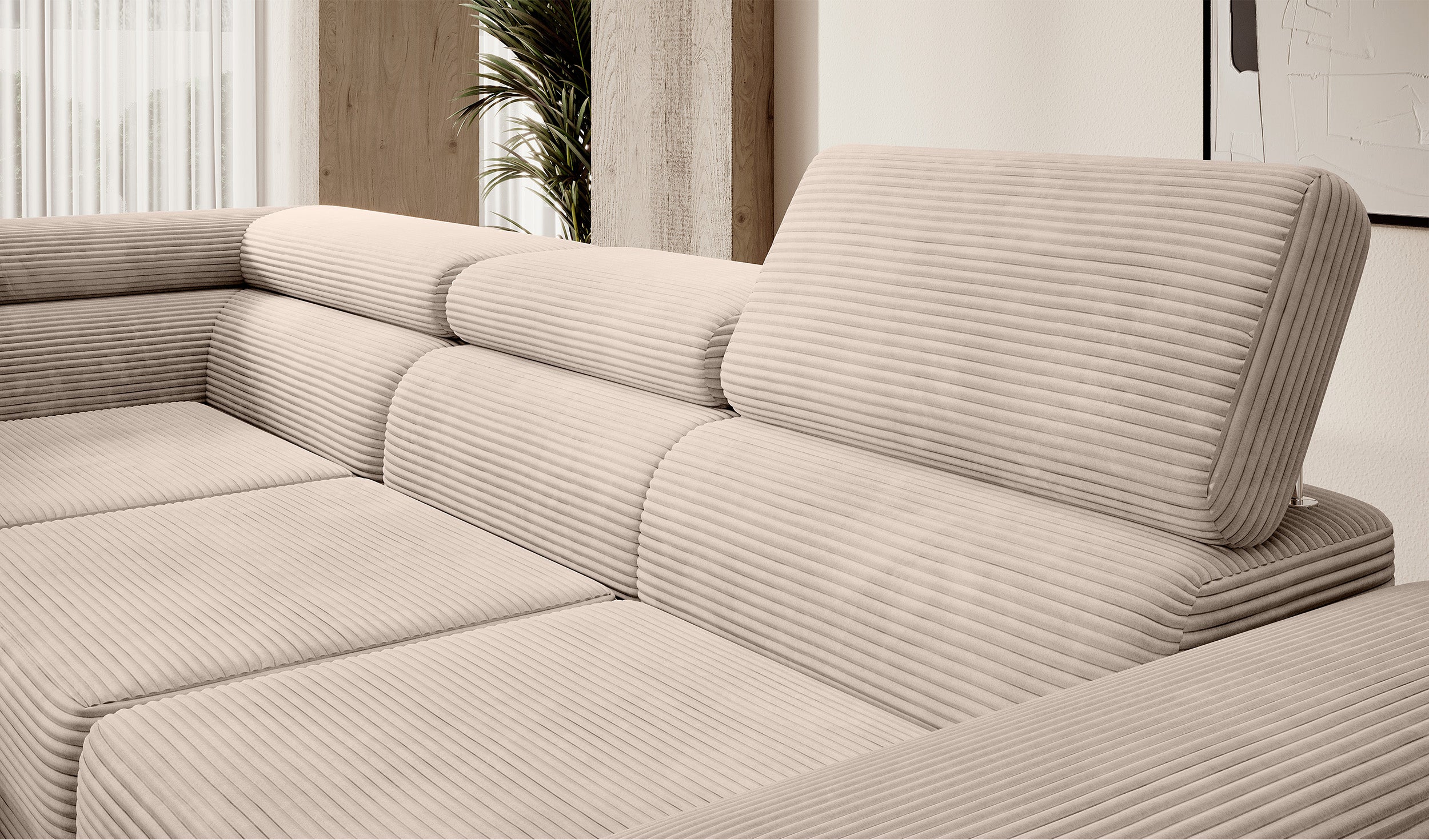 Ecksofa mit Schlaf-Funktion Stevil, L-förmig, mit Stauraum, dunkelbeige Cord, linksseitig
