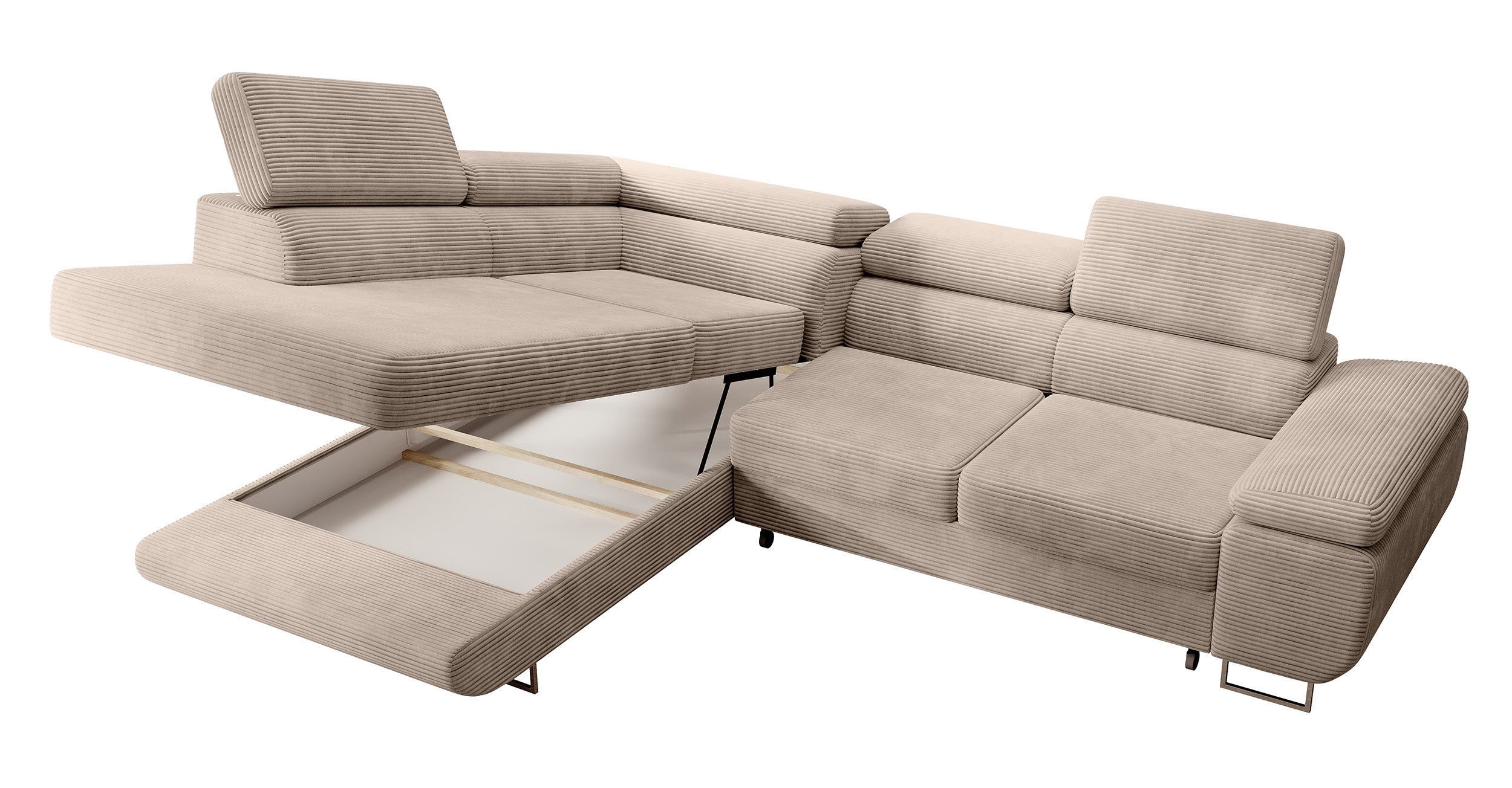 Ecksofa mit Schlaf-Funktion Stevil, L-förmig, mit Stauraum, dunkelbeige Cord, linksseitig