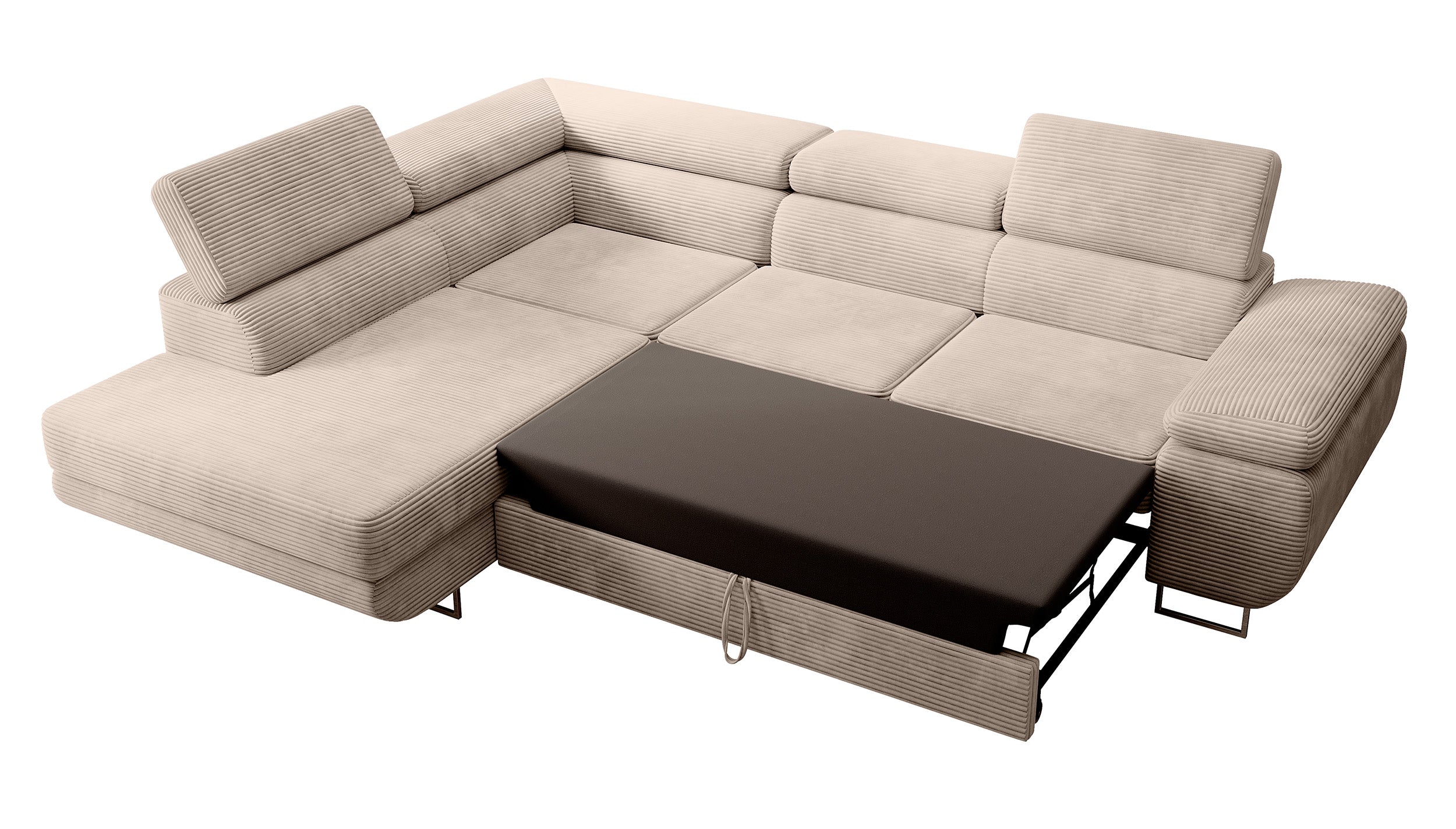 Ecksofa mit Schlaf-Funktion Stevil, L-förmig, mit Stauraum, dunkelbeige Cord, linksseitig