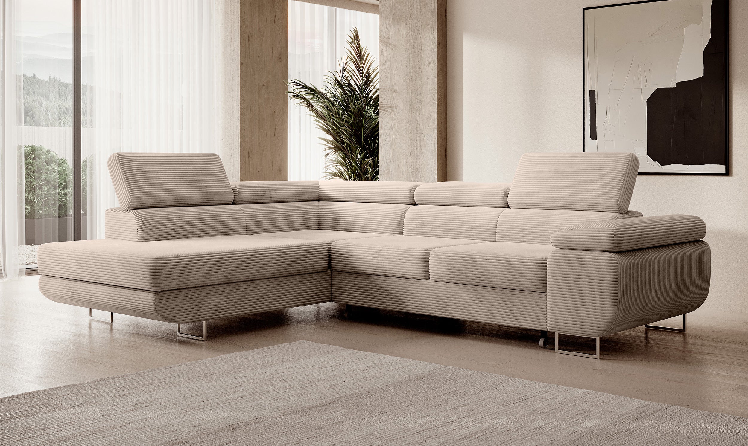 Ecksofa mit Schlaf-Funktion Stevil, L-förmig, mit Stauraum, dunkelbeige Cord, linksseitig