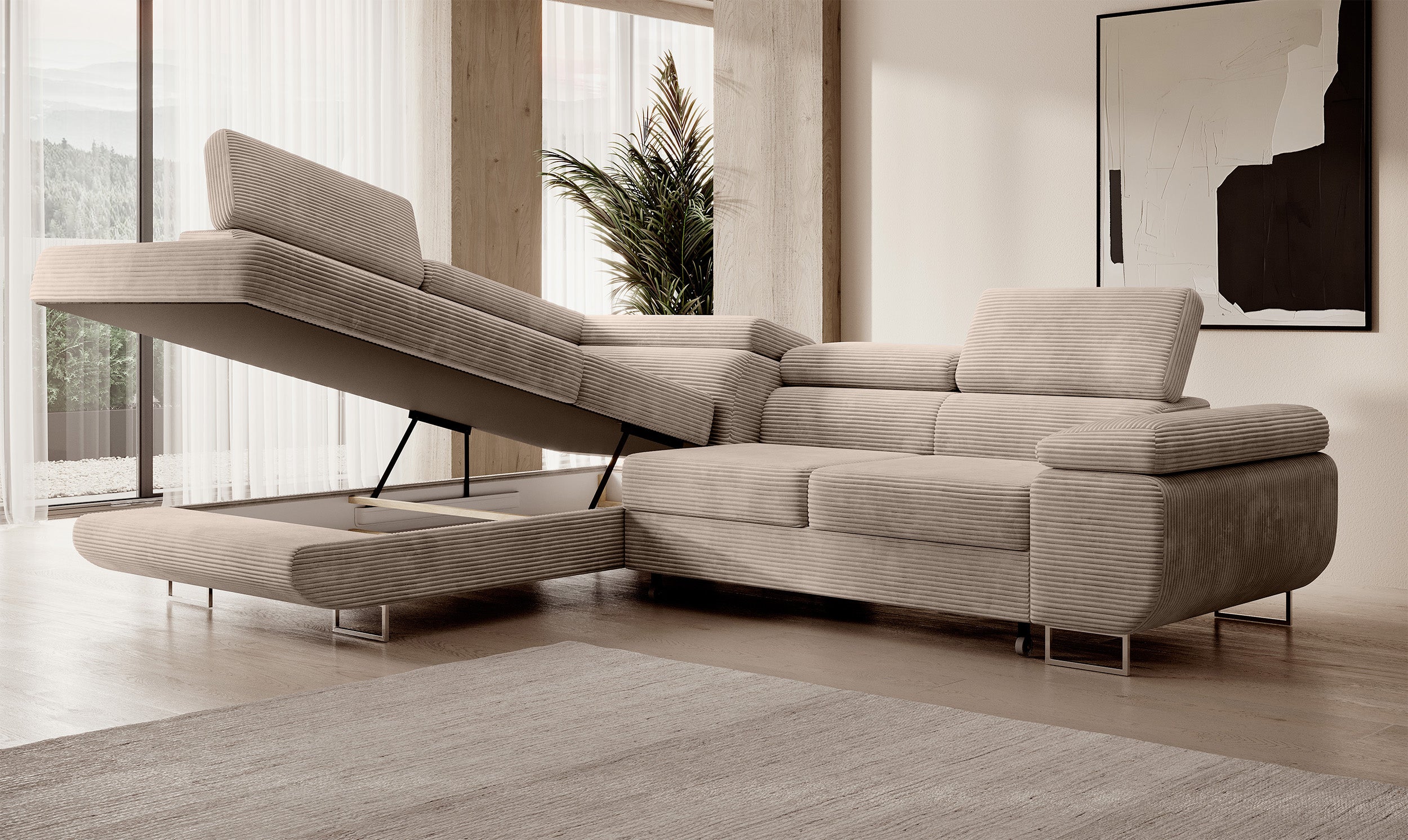Ecksofa mit Schlaf-Funktion Stevil, L-förmig, mit Stauraum, dunkelbeige Cord, linksseitig