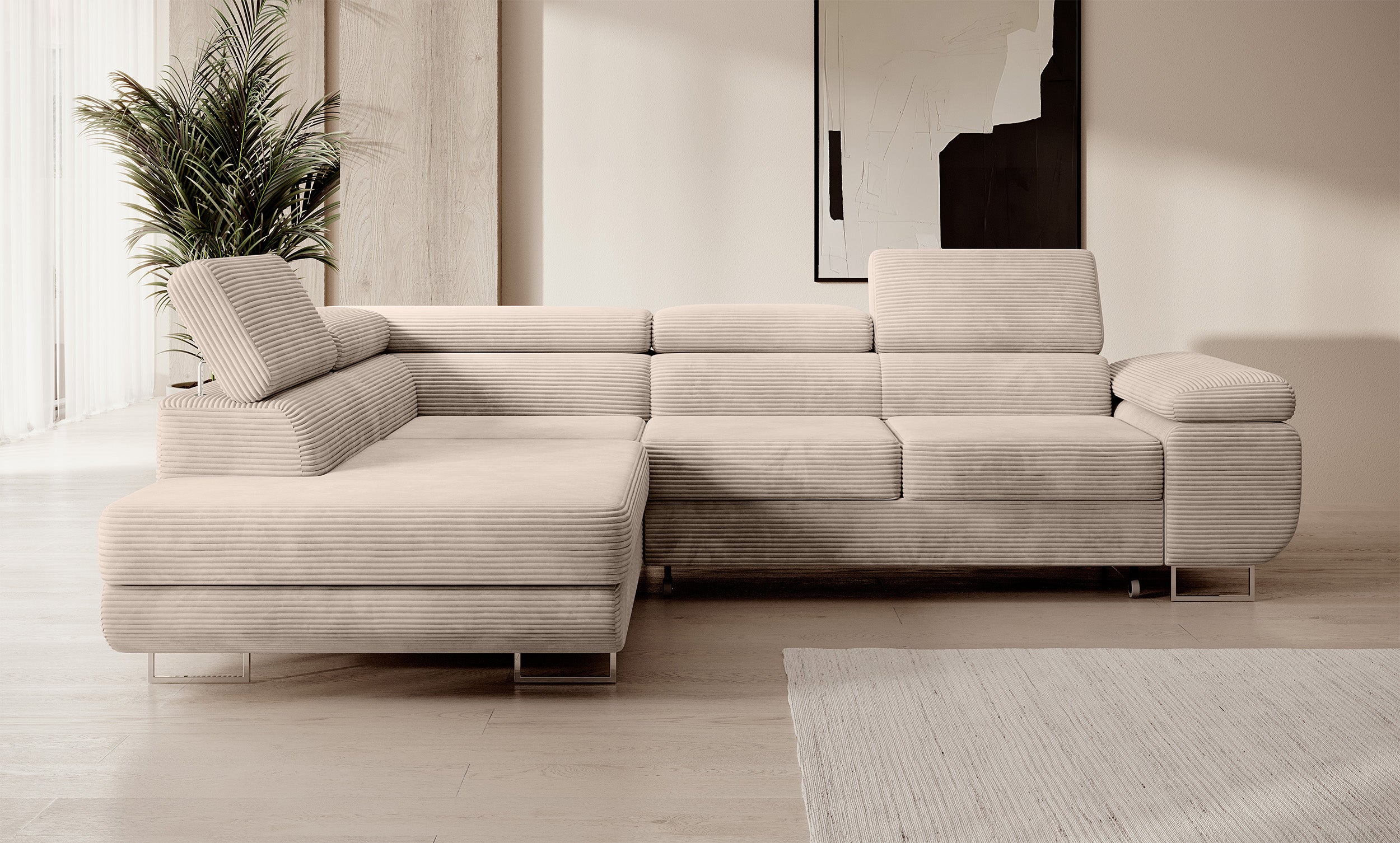 Ecksofa mit Schlaf-Funktion Stevil, L-förmig, mit Stauraum, dunkelbeige Cord, linksseitig