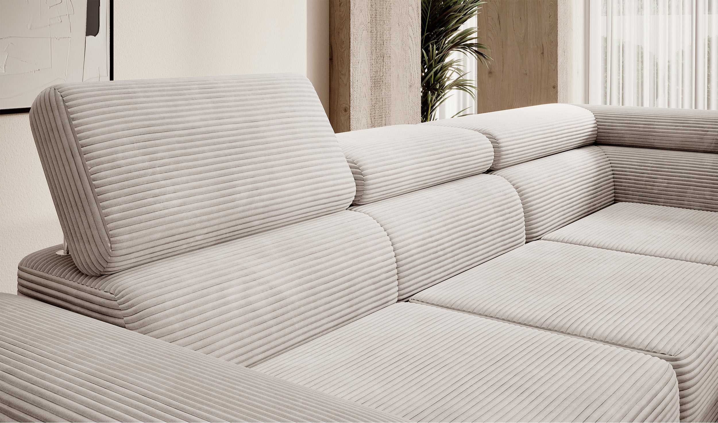 Ecksofa mit Schlaffunktion Stevil, L-förmig, mit Stauraum, grau-beige Cord, rechtsseitig