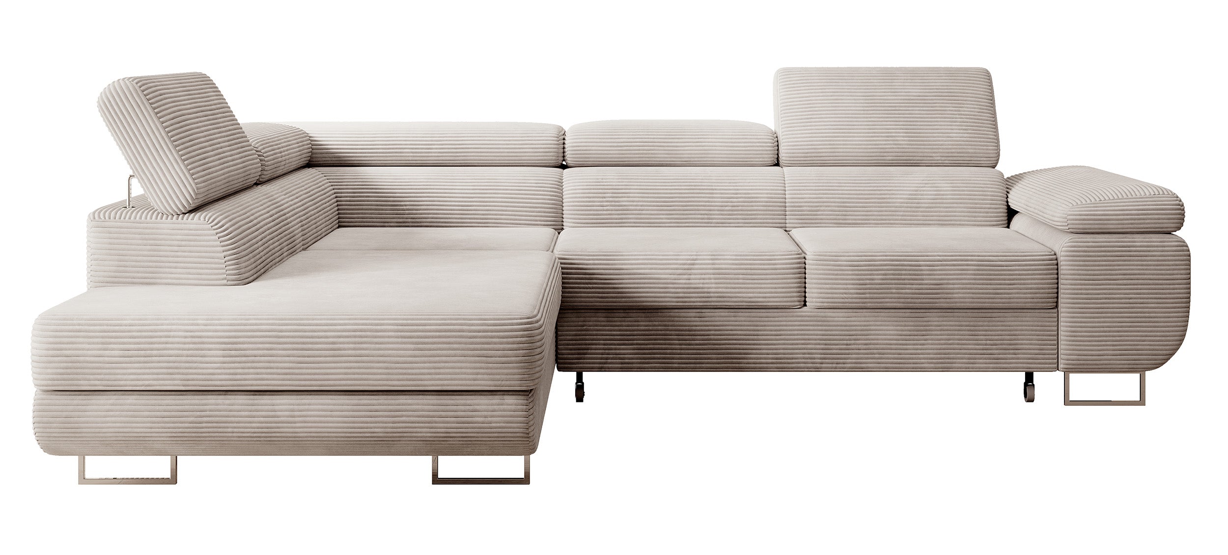 Ecksofa mit Schlafunktion Stevil, L-förmig, mit Stauraum, grau-beige Cord, linke Ausführung