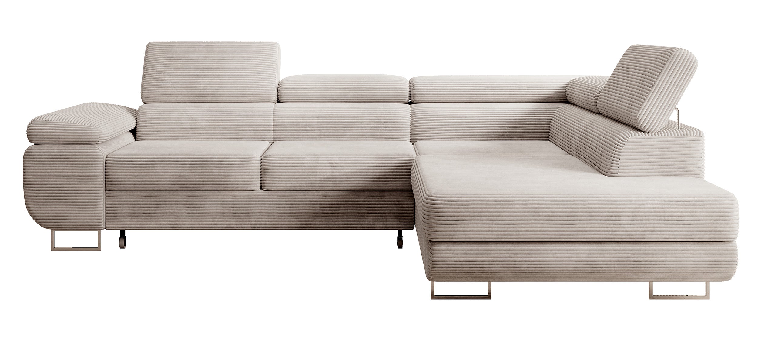 Ecksofa mit Schlaffunktion Stevil, L-förmig, mit Stauraum, grau-beige Cord, rechtsseitig