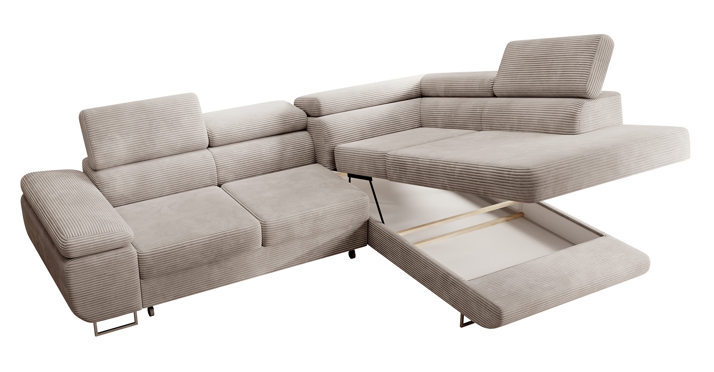 Ecksofa mit Schlaffunktion Stevil, L-förmig, mit Stauraum, grau-beige Cord, rechtsseitig