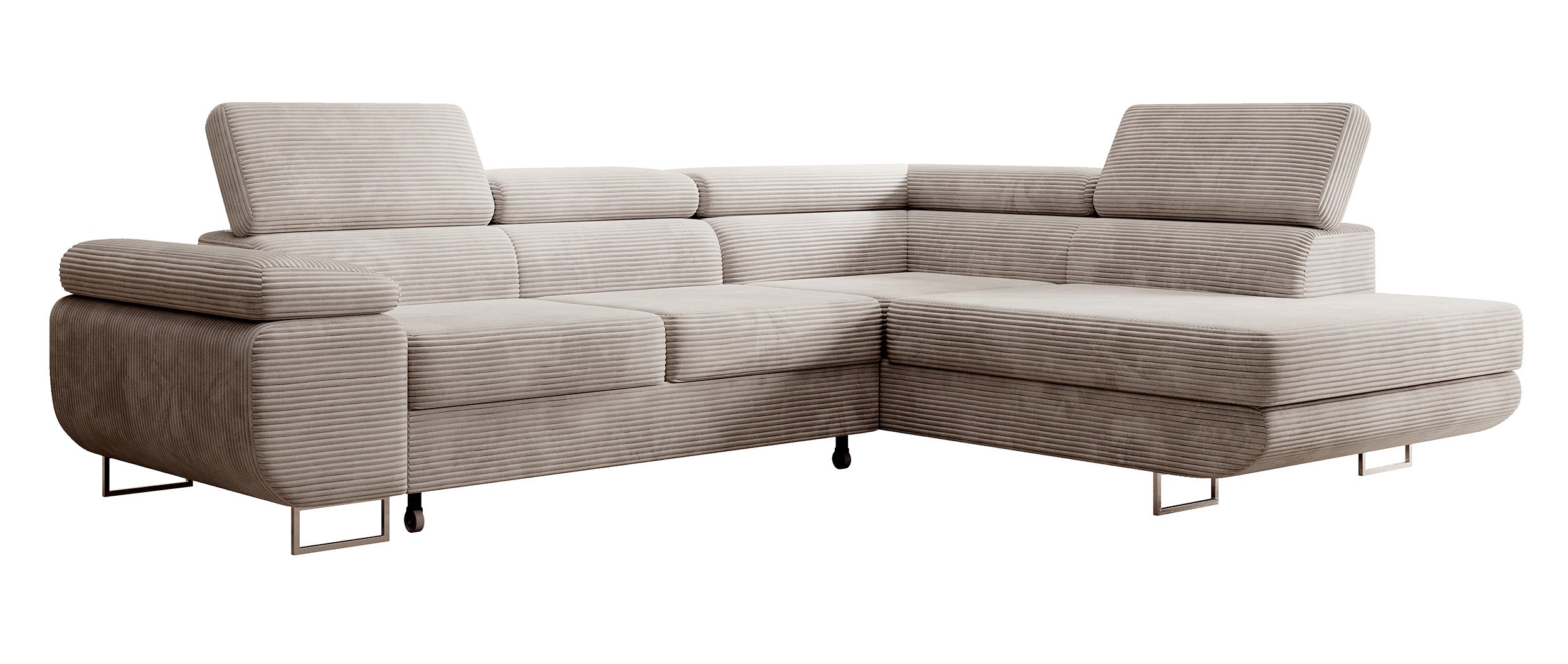 Ecksofa mit Schlaffunktion Stevil, L-förmig, mit Stauraum, grau-beige Cord, rechtsseitig