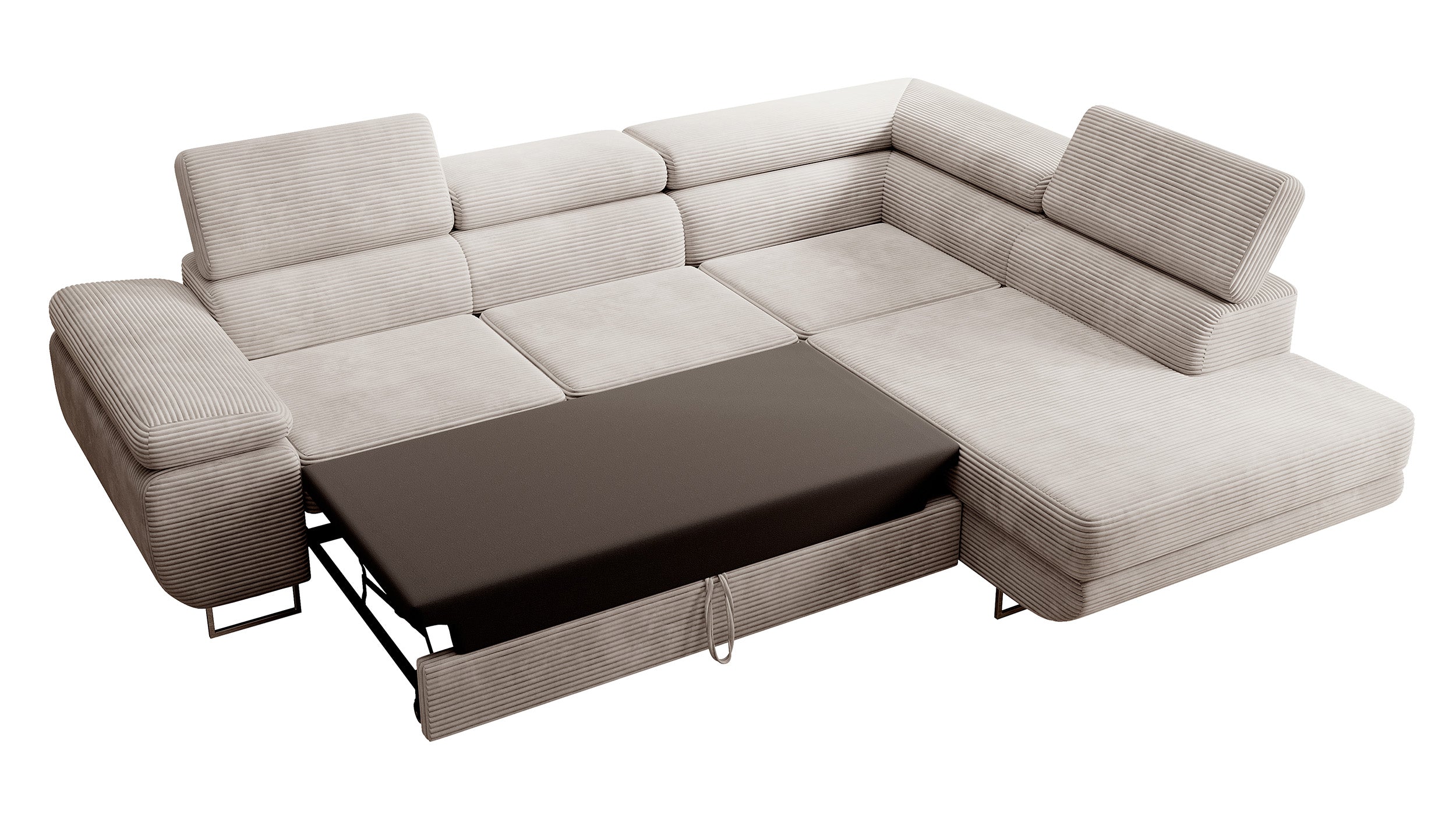 Ecksofa mit Schlaffunktion Stevil, L-förmig, mit Stauraum, grau-beige Cord, rechtsseitig