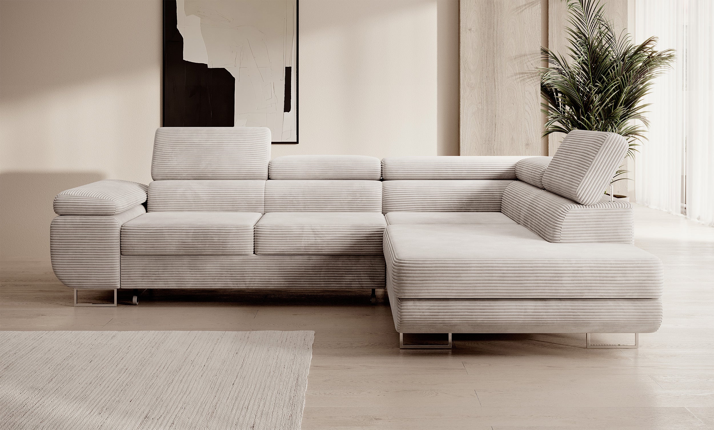 Ecksofa mit Schlaffunktion Stevil, L-förmig, mit Stauraum, grau-beige Cord, rechtsseitig